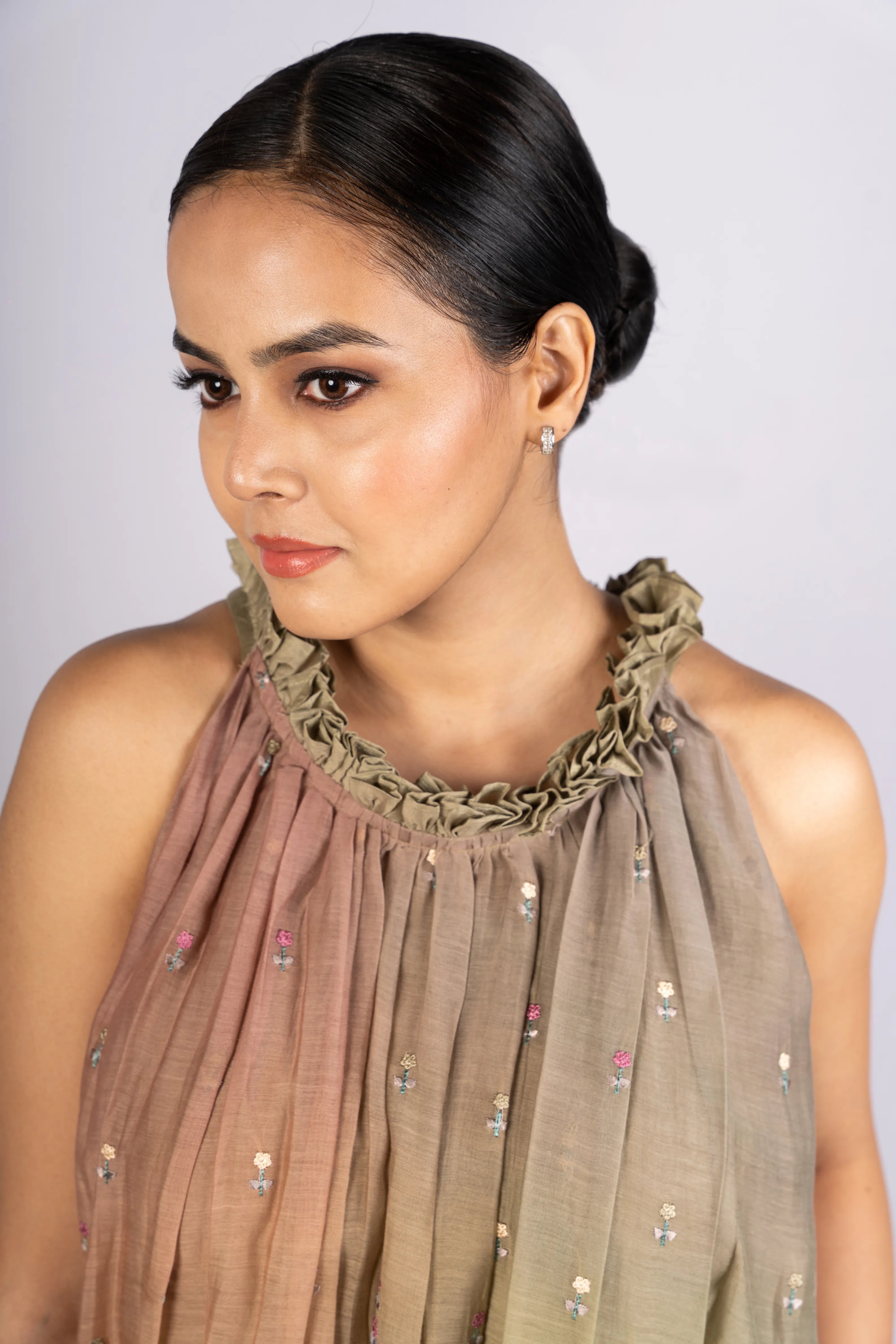 Fiza — Ombre Green-Brown Mul Chanderi Embroidered Flared Dress