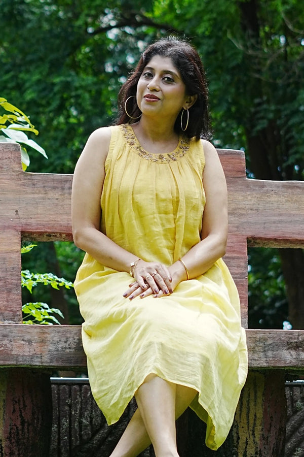 Tattva — Soft Mustard Mul Chanderi Dress with Zardozi Neckwork 2