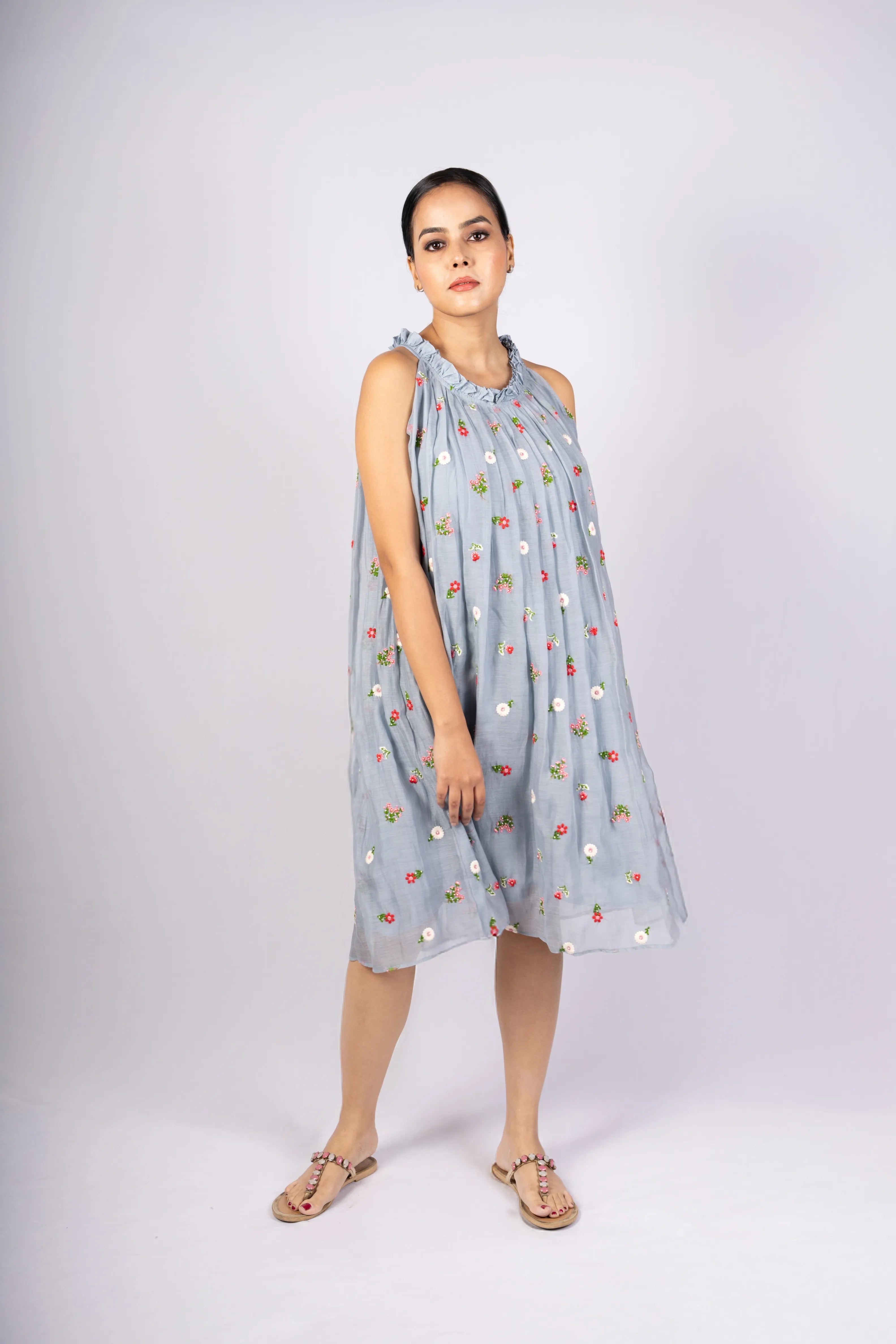 Avani — Powder Blue Mul Chanderi Incut Flared Embroidered Dress