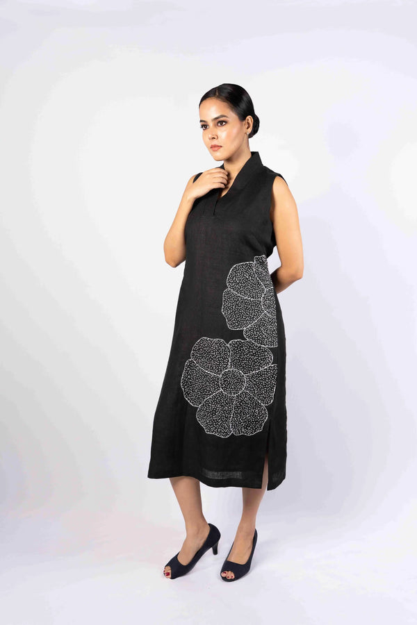 Rooh — Charcoal Black Kala Cotton Dress with Thread Work