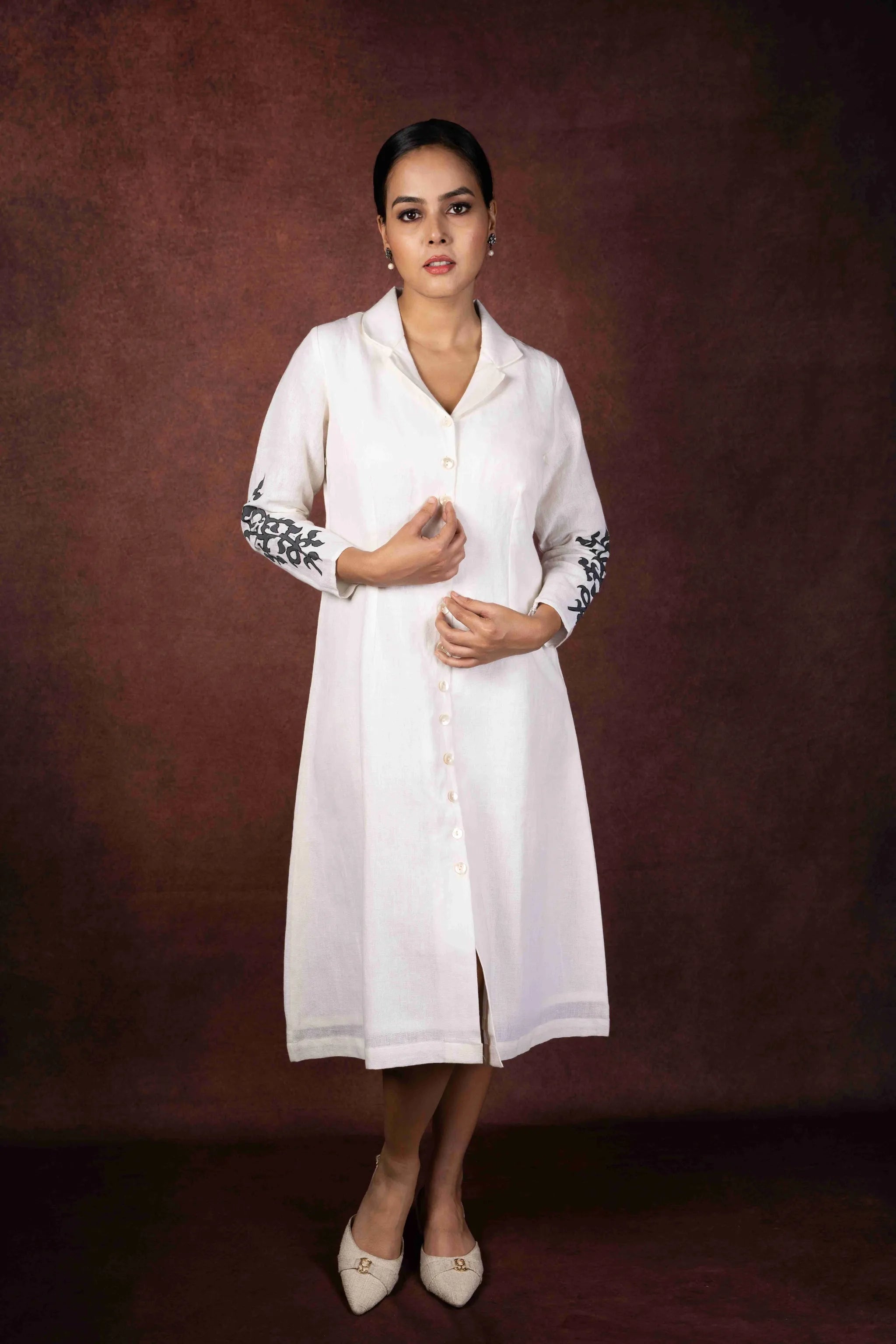 Dhara — Soft Ivory Handloom Linen Dress with Hand Painted Sleeves