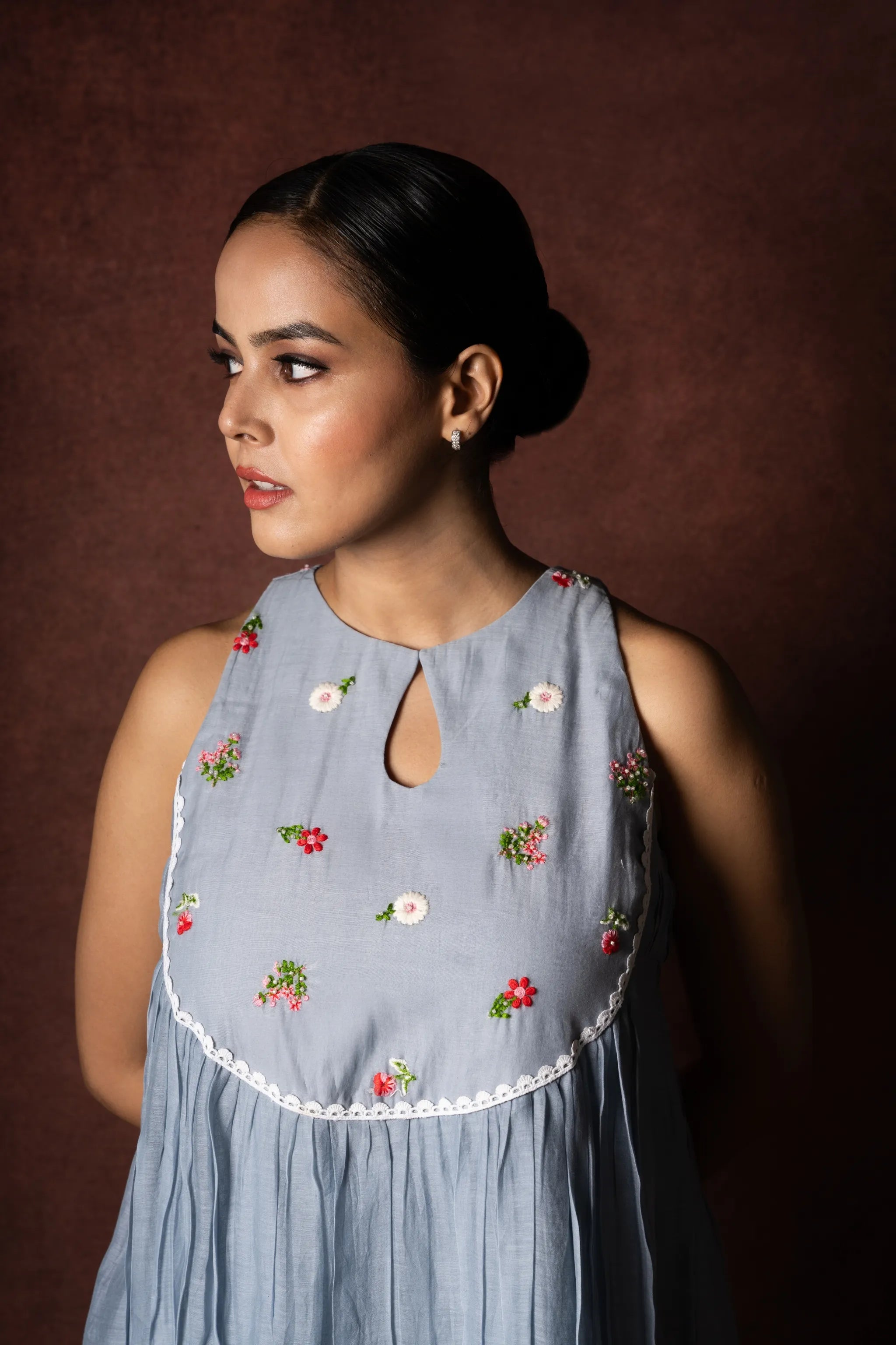 Megh — Soft Powder Blue Mul Chanderi Dress with Embroidered Yoke