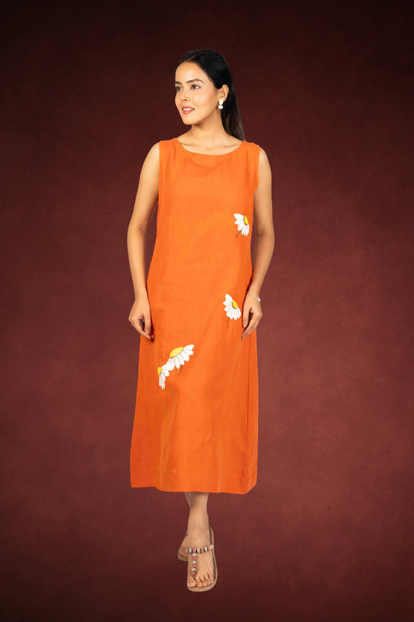 Saanjh — Burnt Orange Handloom Linen Dress with Hand Painting 2