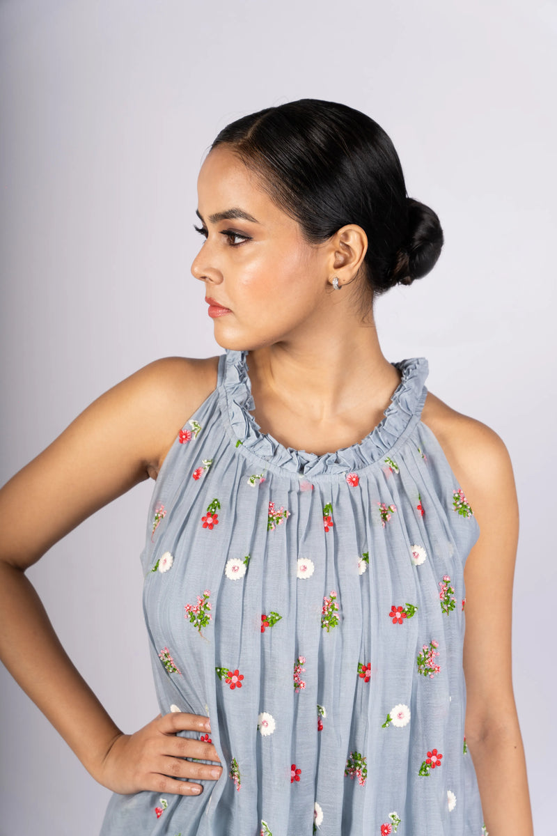Avani — Powder Blue Mul Chanderi Incut Flared Embroidered Dress