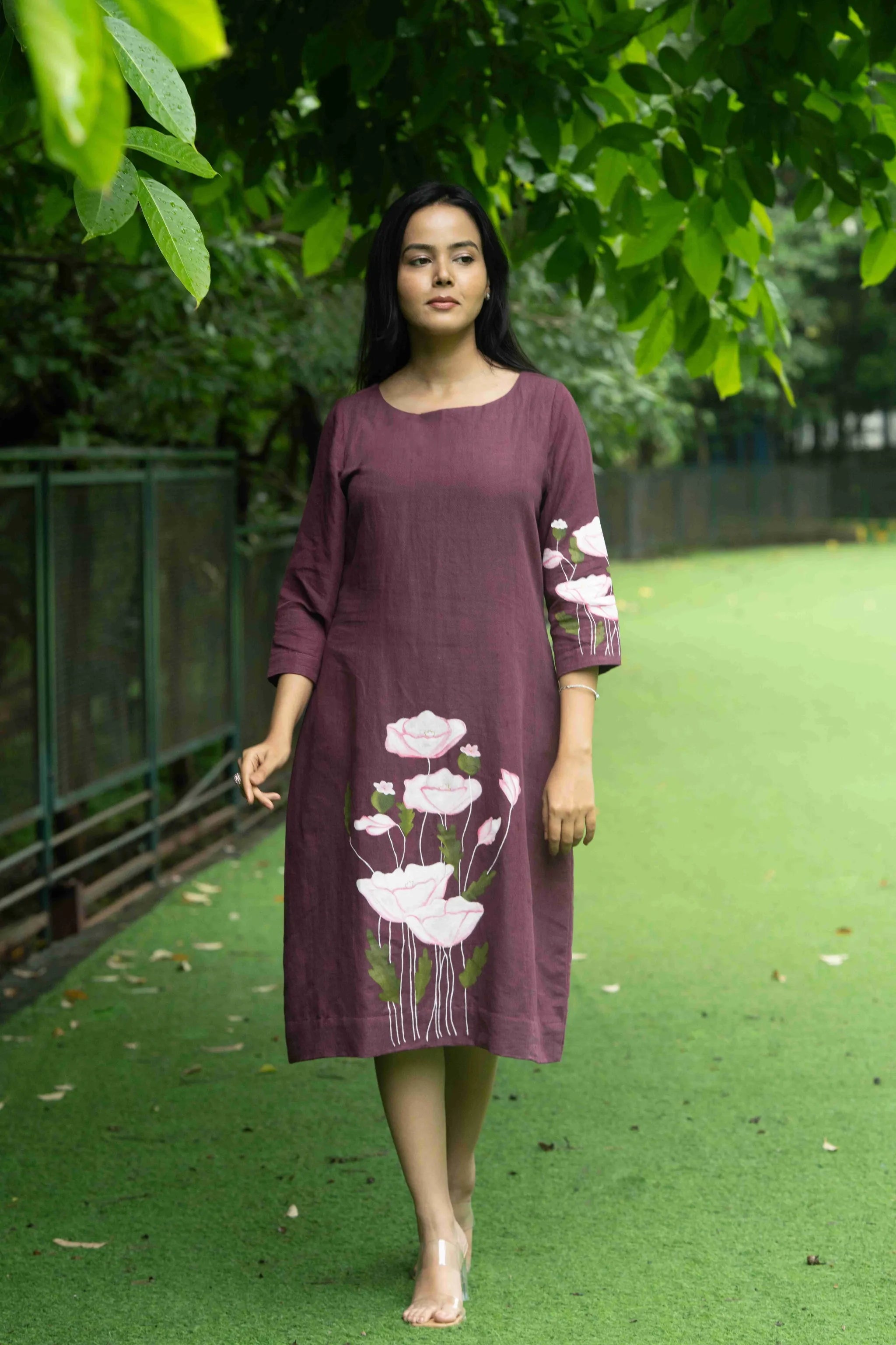 Bhumi — Deep Wine Kala Cotton Dress with Flower Painting