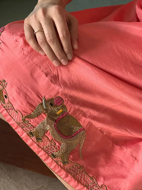 Riwaayat — Peach Pure Silk Dress with Zardozi Elephant Work 2
