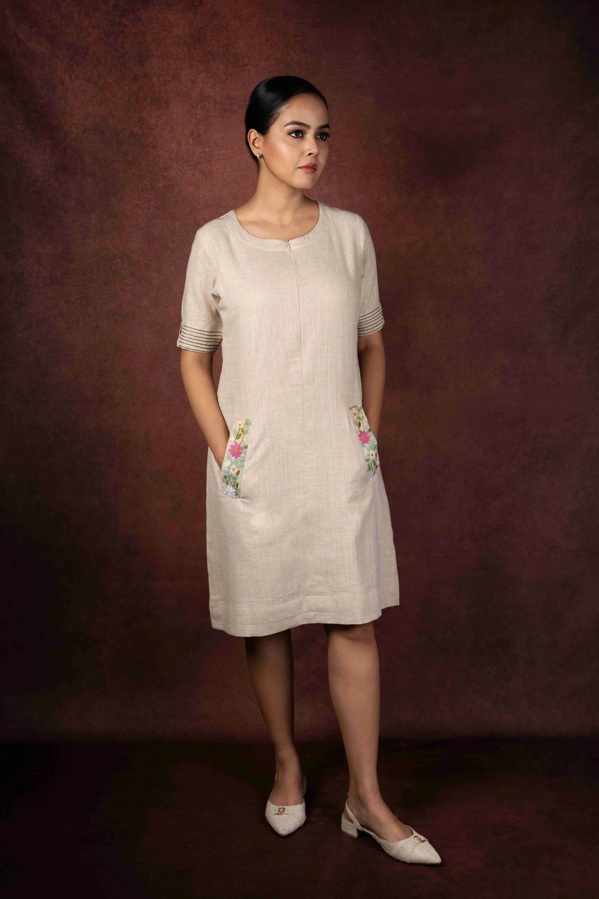 Aaranya — Natural Beige Jute Cotton Dress with Embroidery