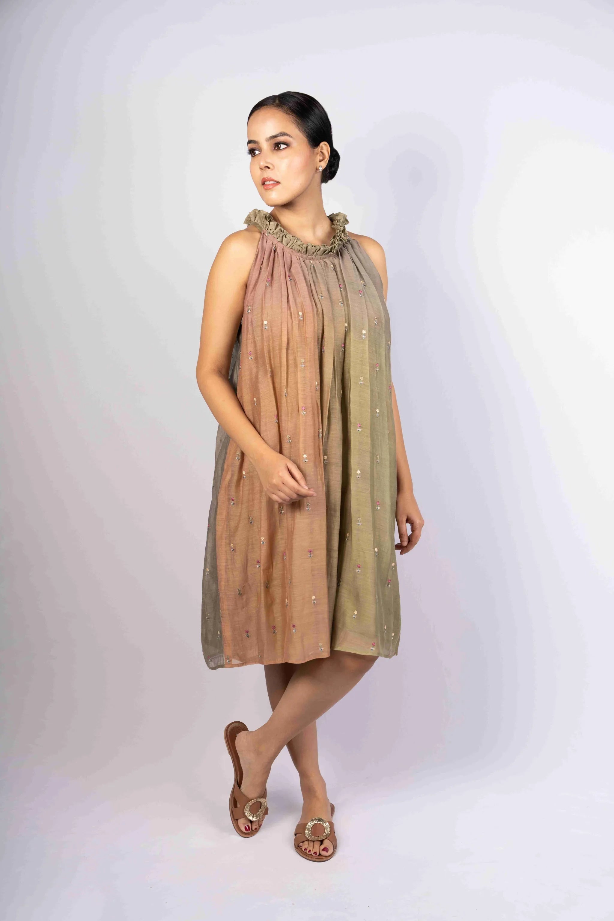 Fiza — Ombre Green-Brown Mul Chanderi Embroidered Flared Dress