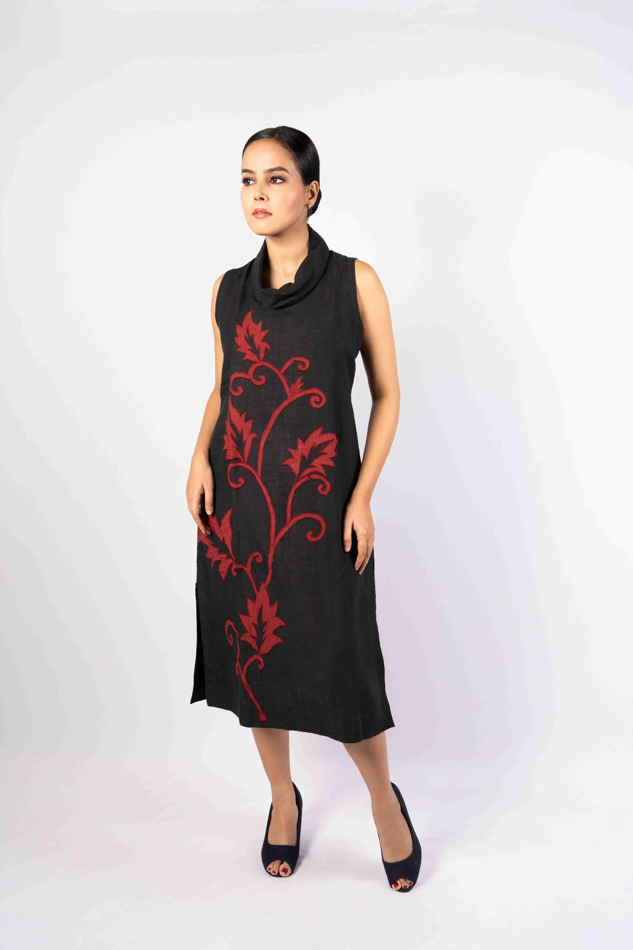 Antra — Black Handloom Linen Cowl Neck Dress with Red Applique