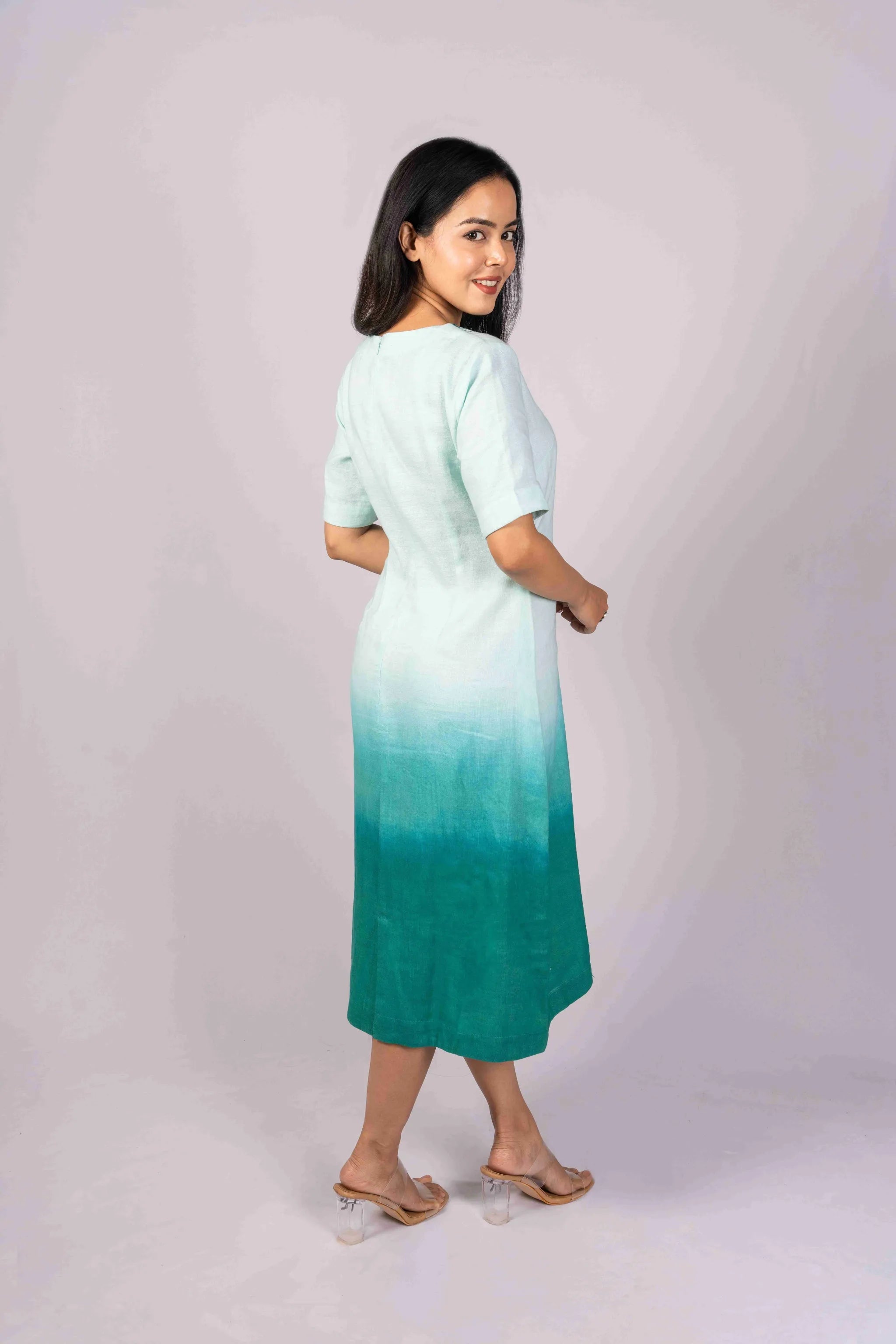 Neerja — Teal Ombre Tencel Linen Embroidered Dress