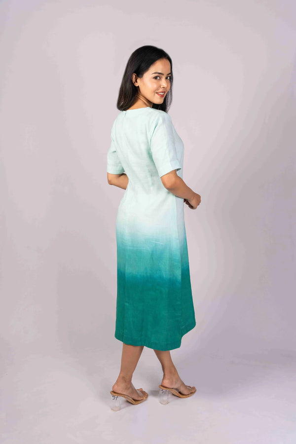 Neerja — Teal Ombre Tencel Linen Embroidered Dress 2
