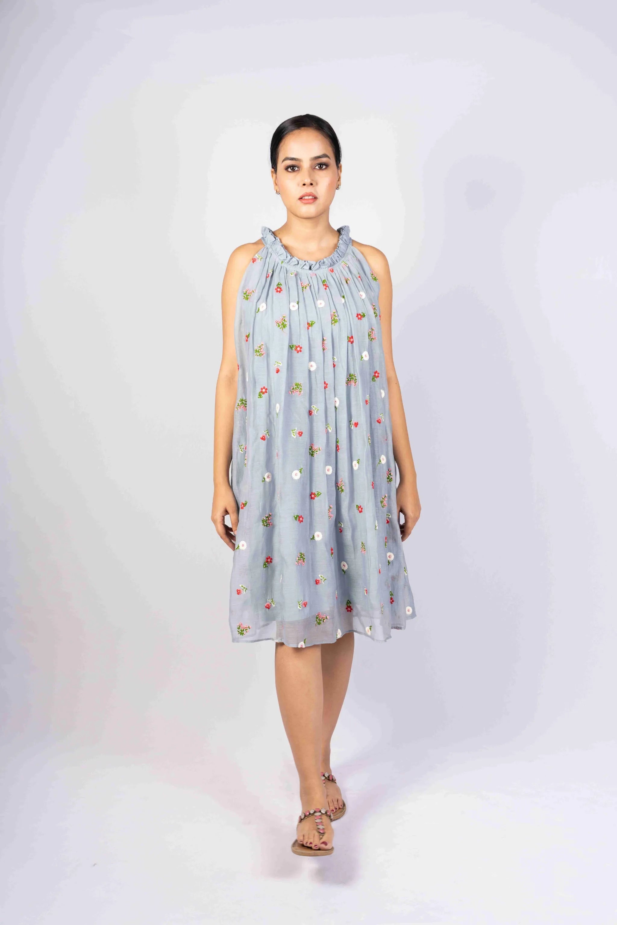Avani — Powder Blue Mul Chanderi Incut Flared Embroidered Dress