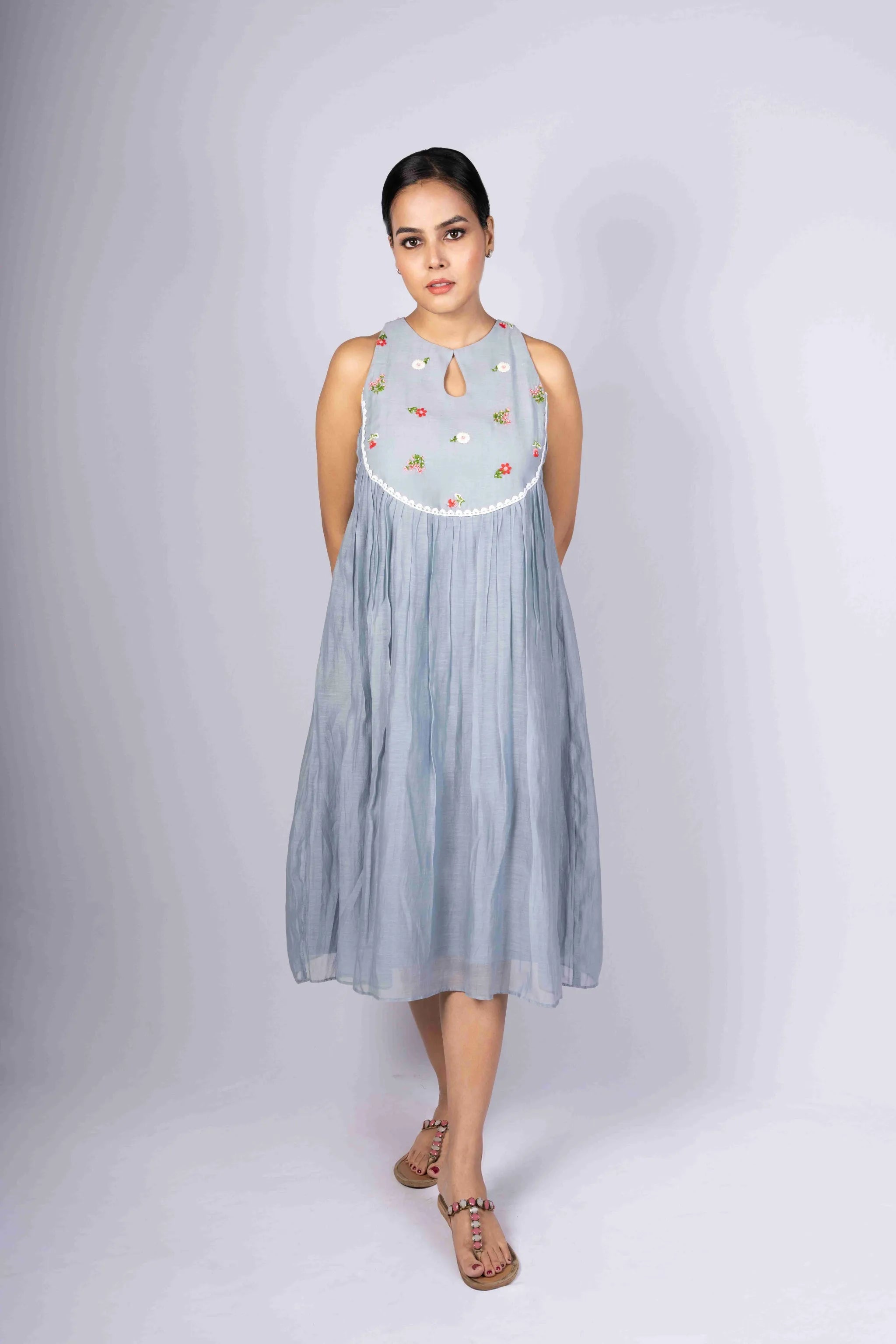 Megh — Soft Powder Blue Mul Chanderi Dress with Embroidered Yoke