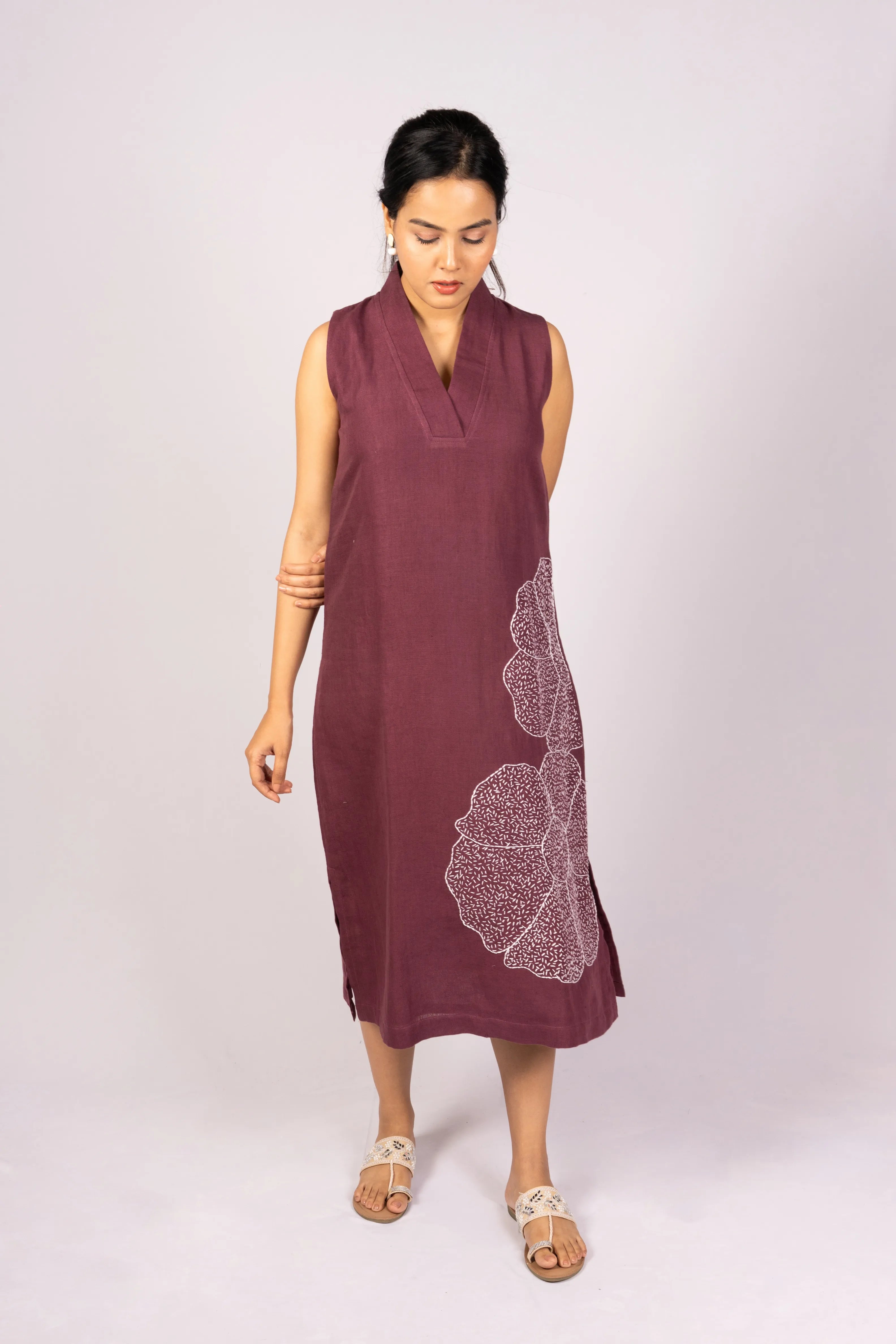 Mitti — Deep Wine Kala Cotton Dress with Kantha Work