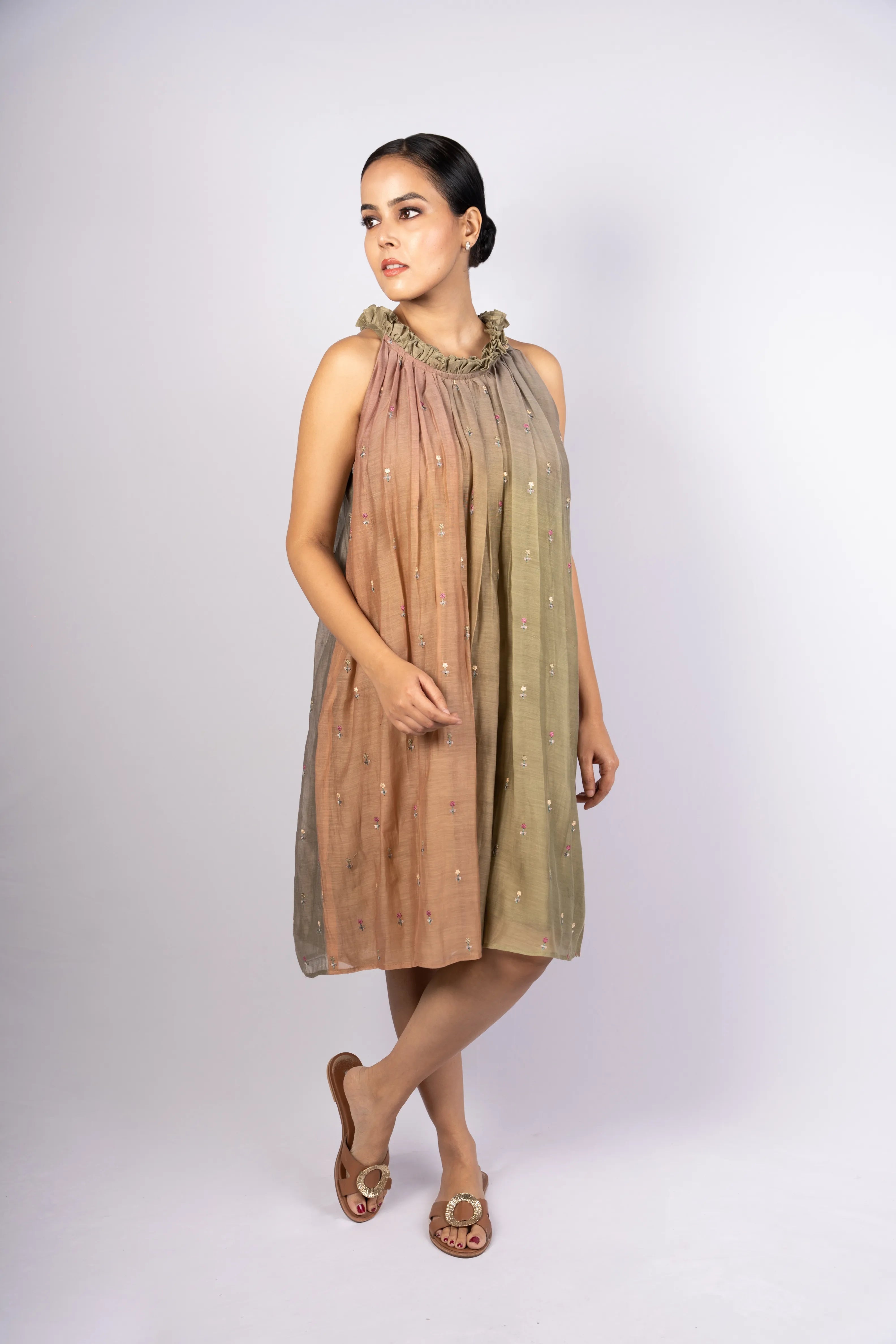 Fiza — Ombre Green-Brown Mul Chanderi Embroidered Flared Dress