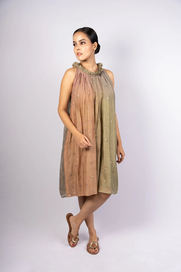 Fiza — Ombre Green-Brown Mul Chanderi Embroidered Flared Dress 2