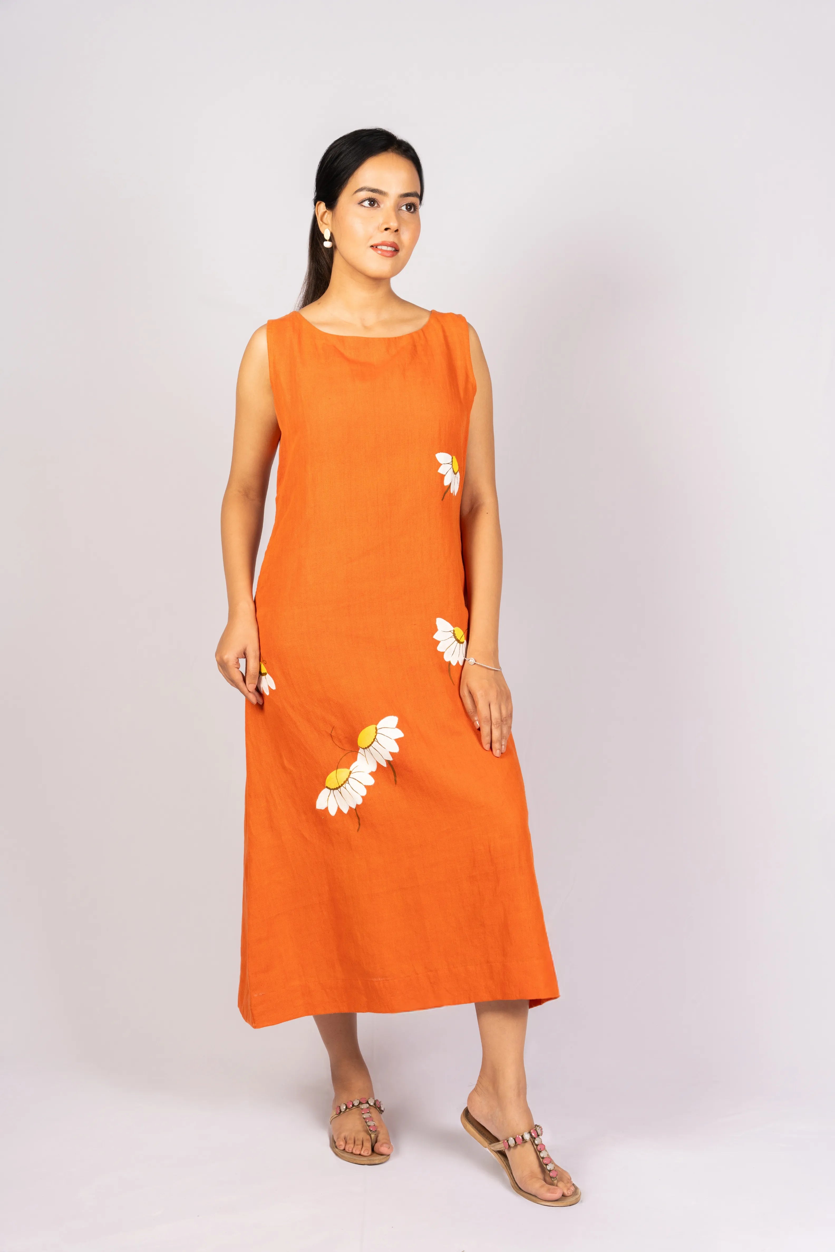 Saanjh — Burnt Orange Handloom Linen Dress with Hand Painting