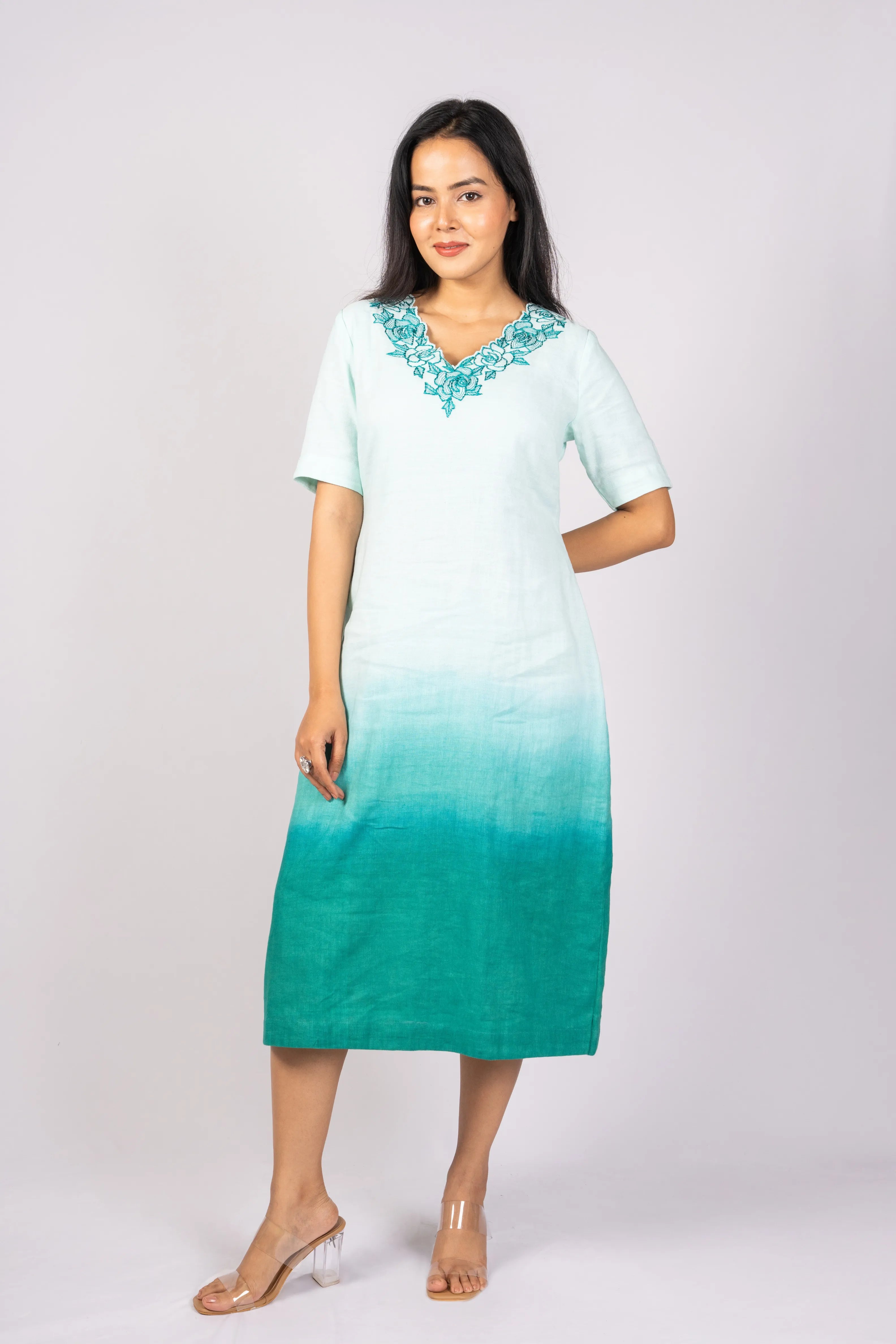 Neerja — Teal Ombre Tencel Linen Embroidered Dress