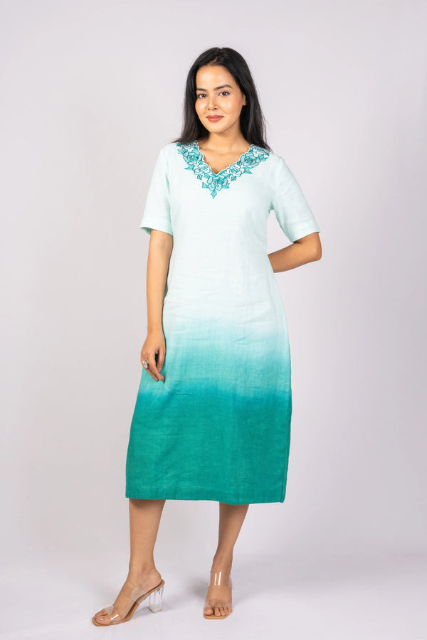 Neerja — Teal Ombre Tencel Linen Embroidered Dress