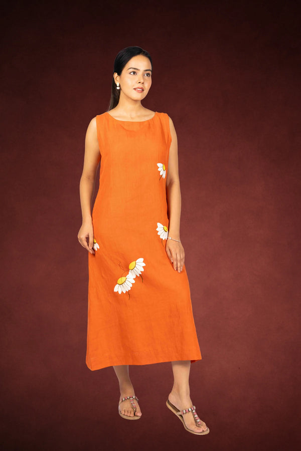 Saanjh — Burnt Orange Handloom Linen Dress with Hand Painting