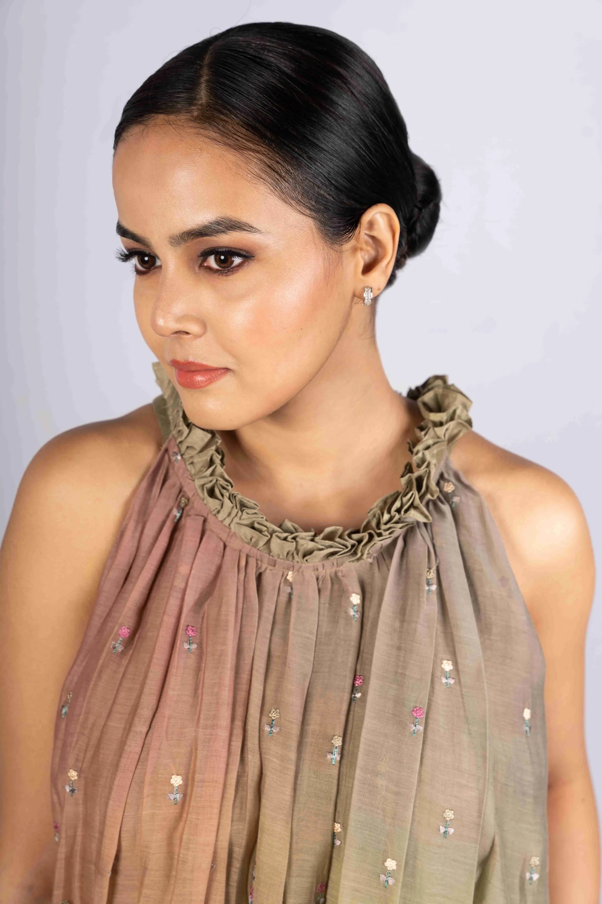 Fiza — Ombre Green-Brown Mul Chanderi Embroidered Flared Dress