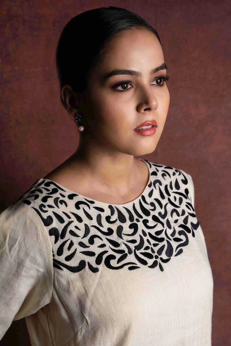 Aruja — Soft Cream Handloom Linen Dress with Embroidery