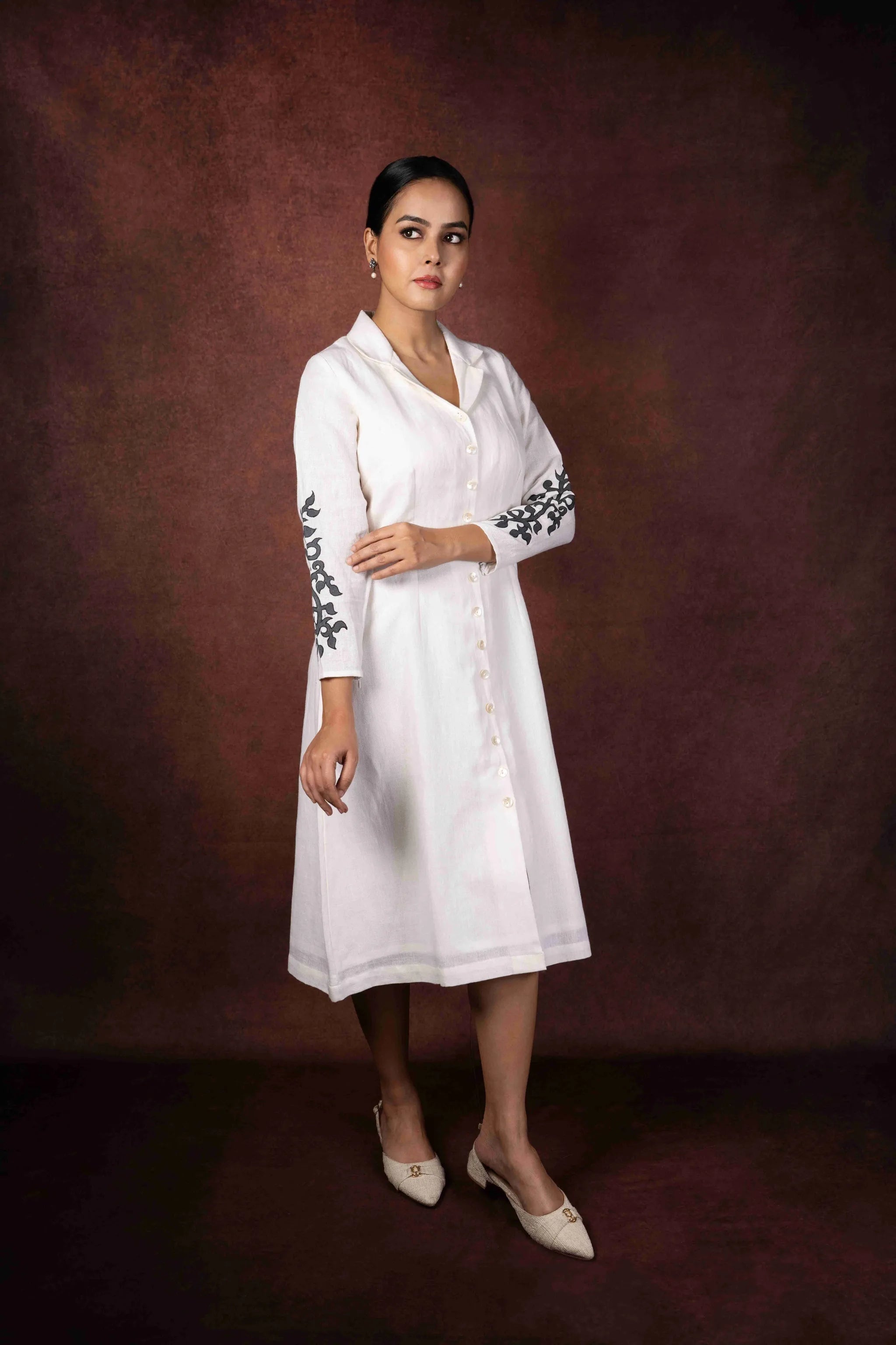 Dhara — Soft Ivory Handloom Linen Dress with Hand Painted Sleeves
