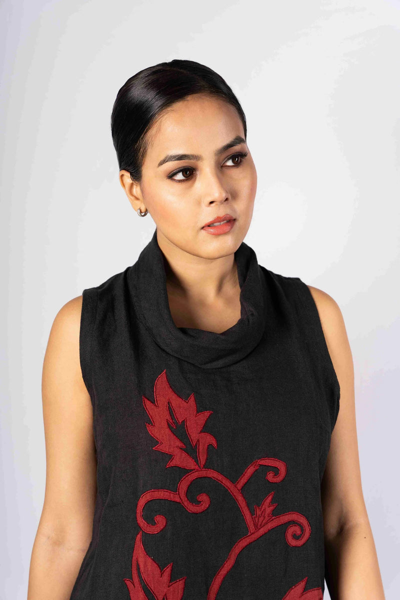 Antra — Black Handloom Linen Cowl Neck Dress with Red Applique