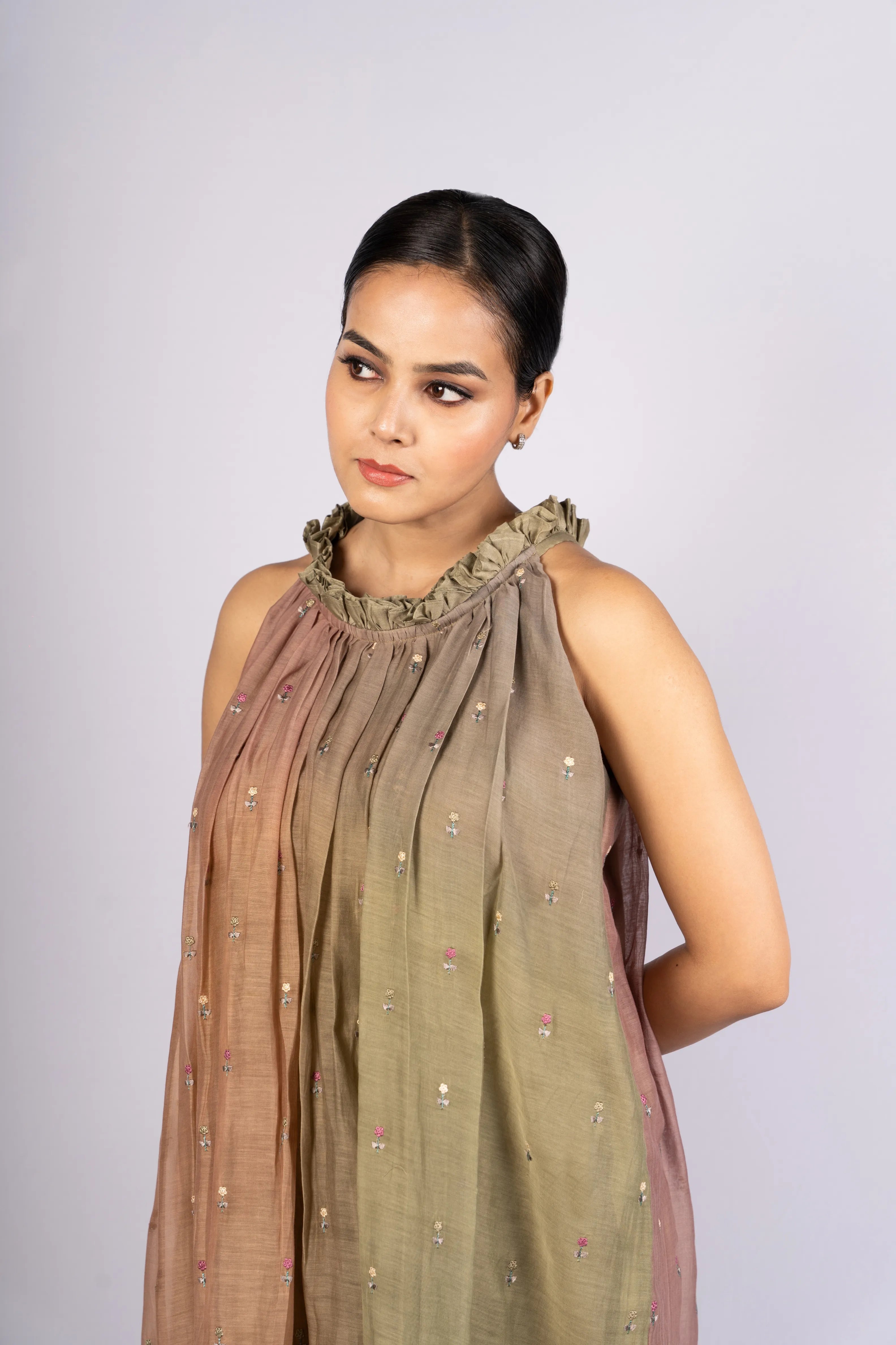 Fiza — Ombre Green-Brown Mul Chanderi Embroidered Flared Dress
