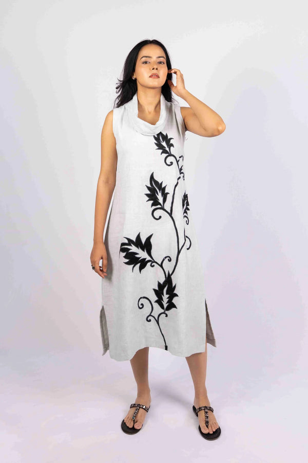 Abhaa — Ash Grey Pure Linen Cowl Neck Dress with Applique 2