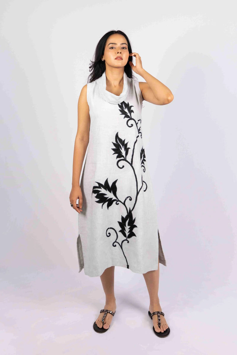 Abhaa — Ash Grey Pure Linen Cowl Neck Dress with Applique
