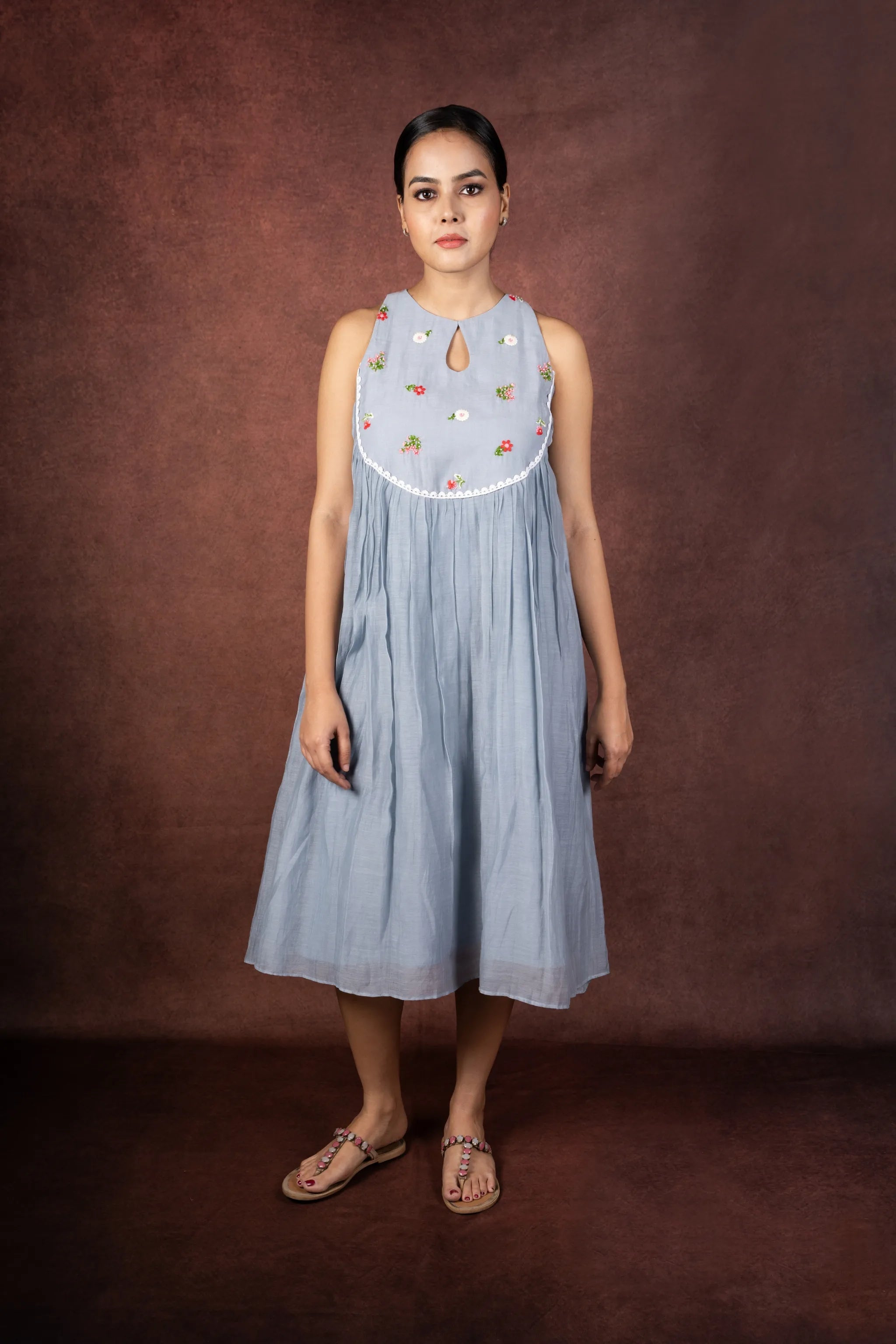 Megh — Soft Powder Blue Mul Chanderi Dress with Embroidered Yoke