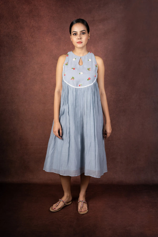 Megh — Soft Powder Blue Mul Chanderi Dress with Embroidered Yoke