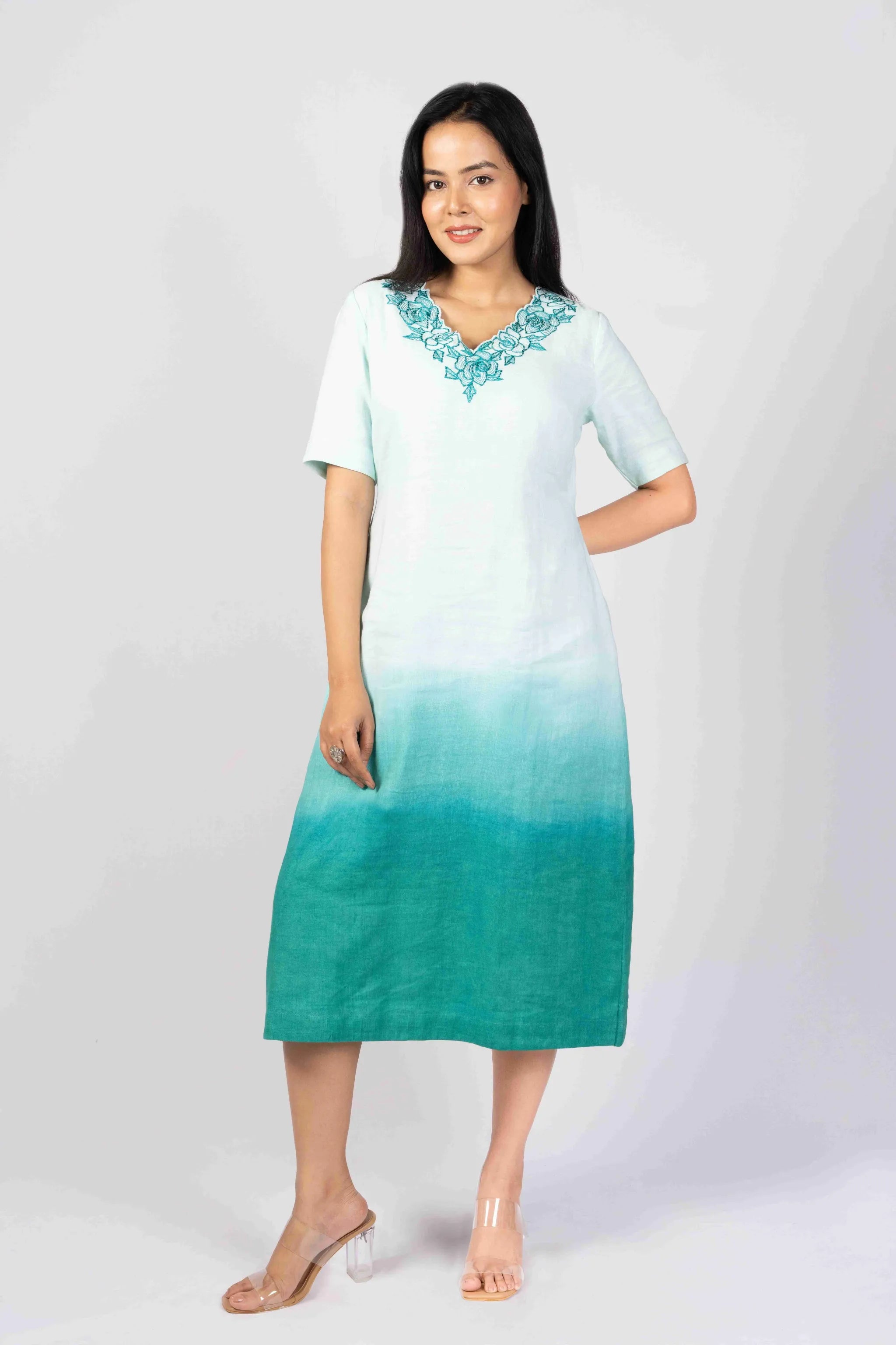 Neerja — Teal Ombre Tencel Linen Embroidered Dress