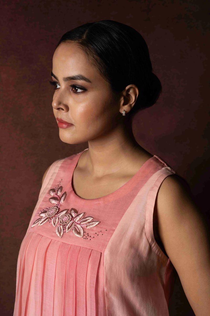 Leher — Ombre Pastel Pink Mul Chanderi Dress with Floral Resham Work