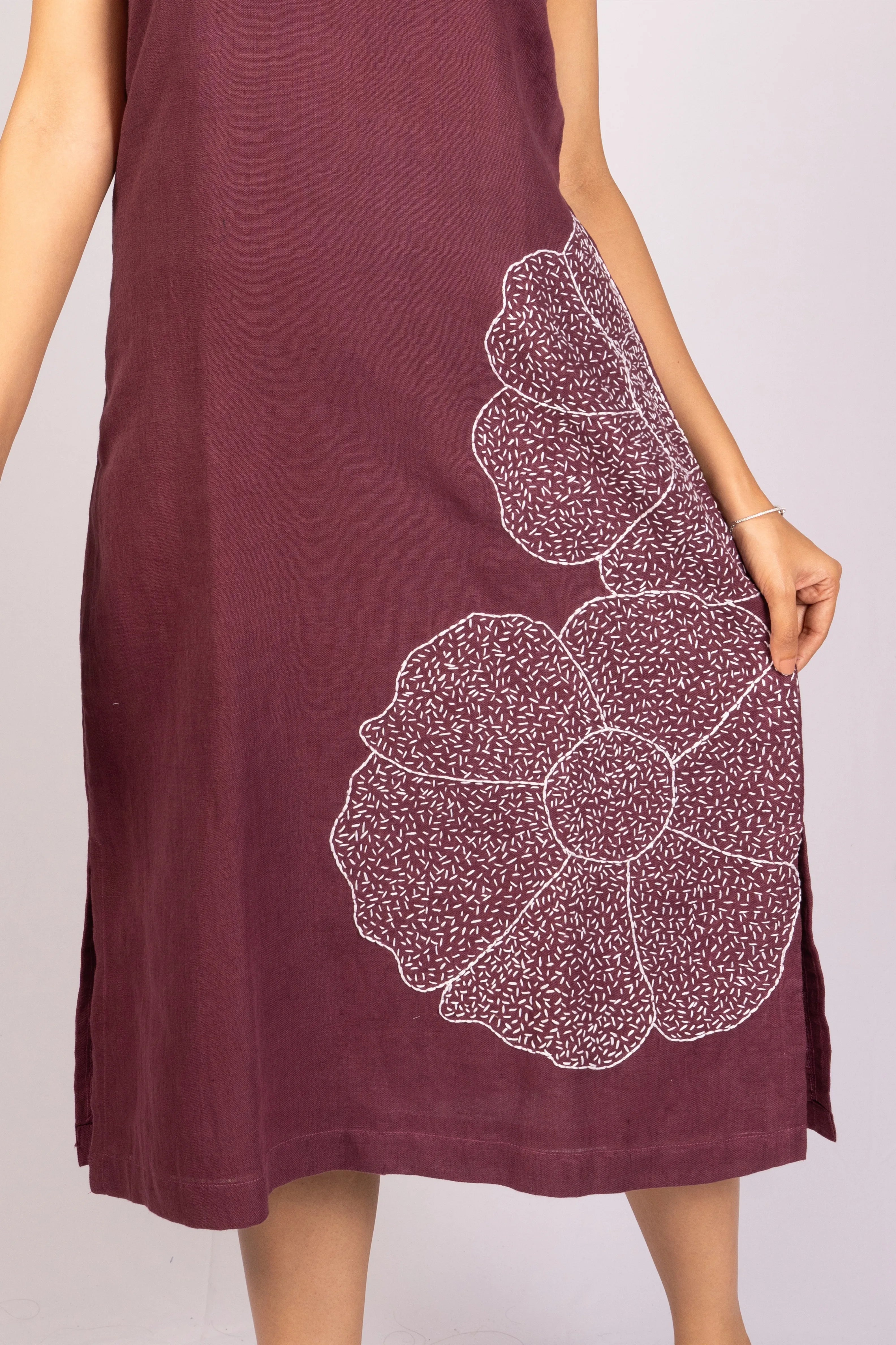 Mitti — Deep Wine Kala Cotton Dress with Kantha Work
