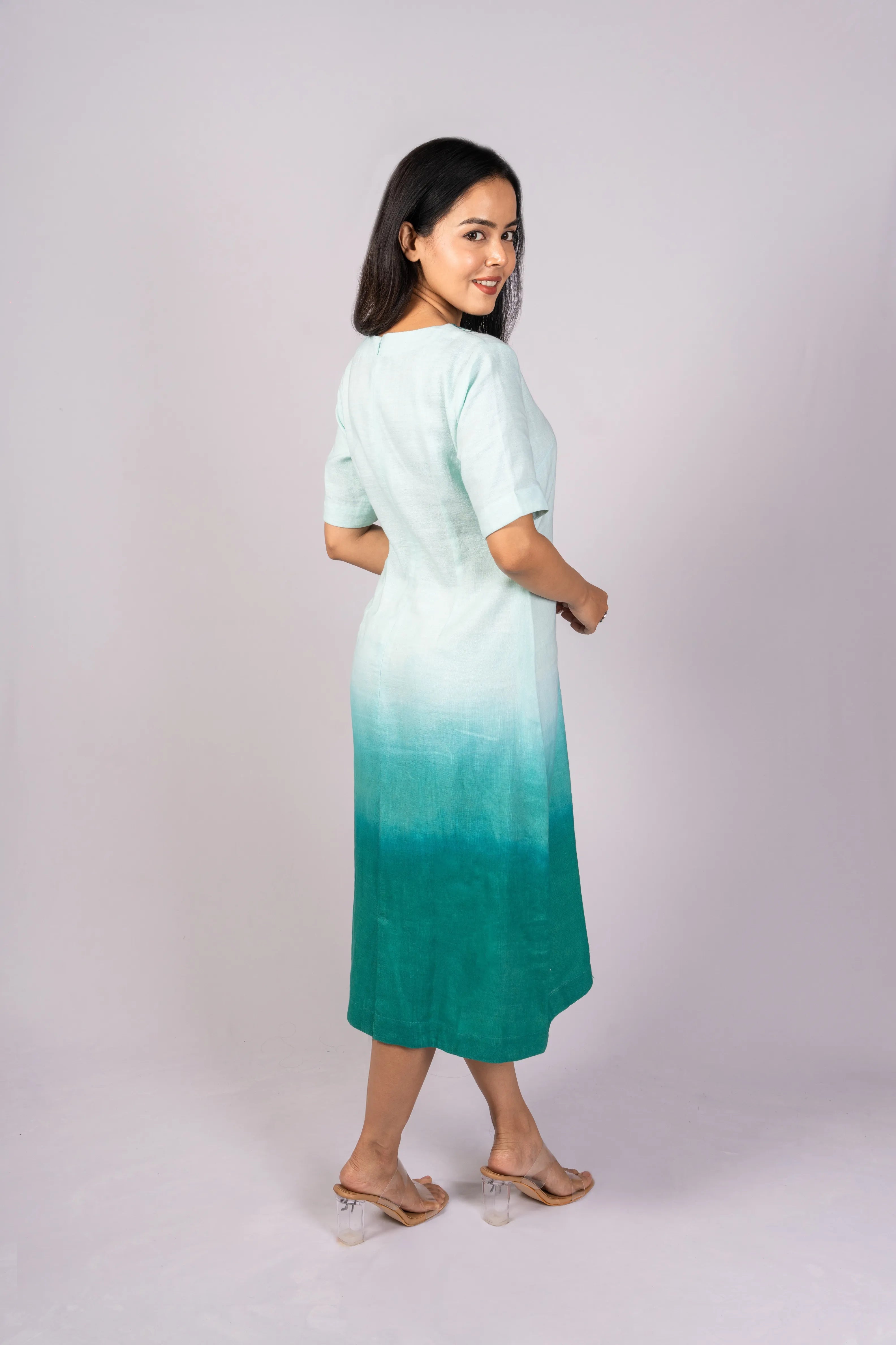 Neerja — Teal Ombre Tencel Linen Embroidered Dress