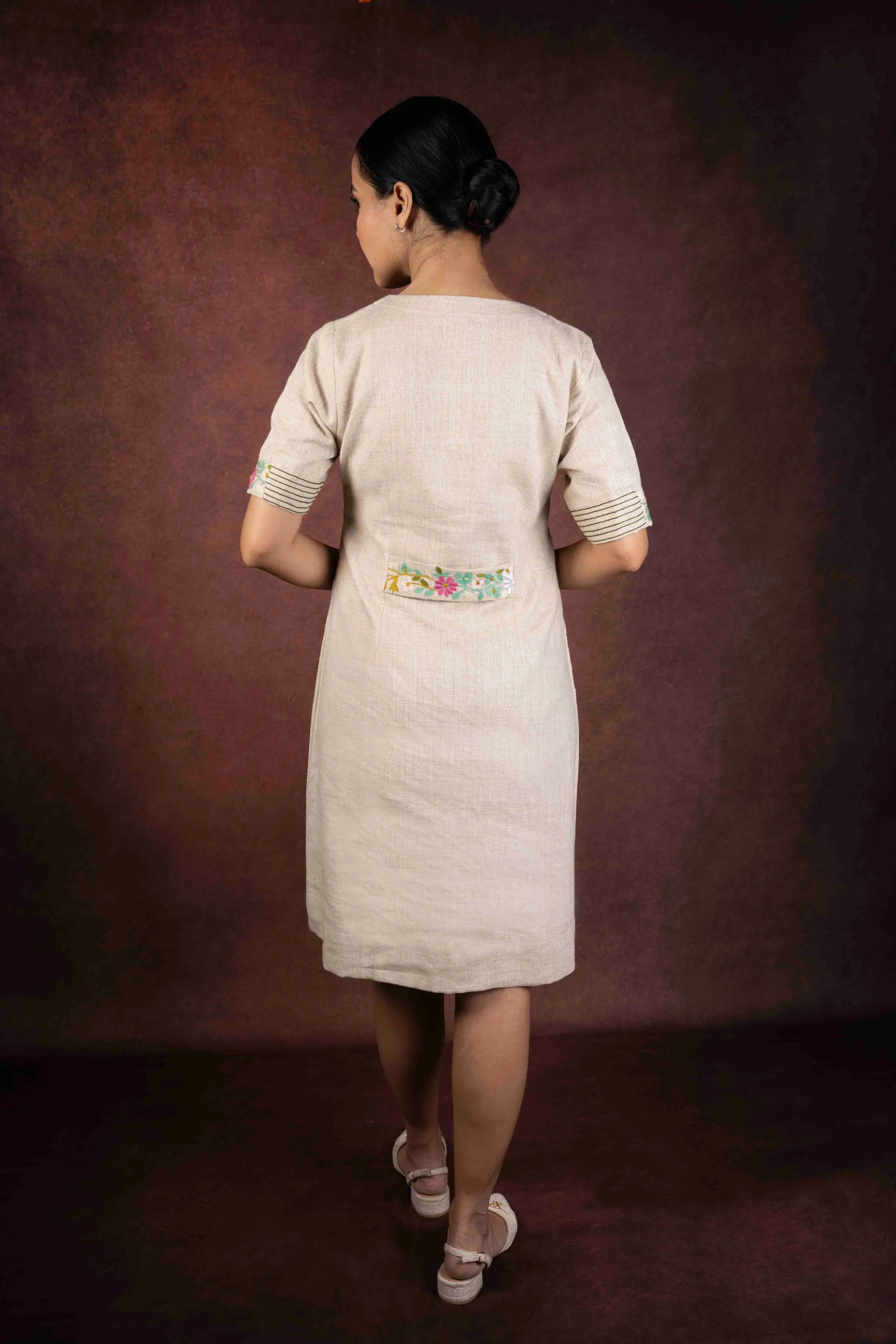 Aaranya — Natural Beige Jute Cotton Dress with Embroidery