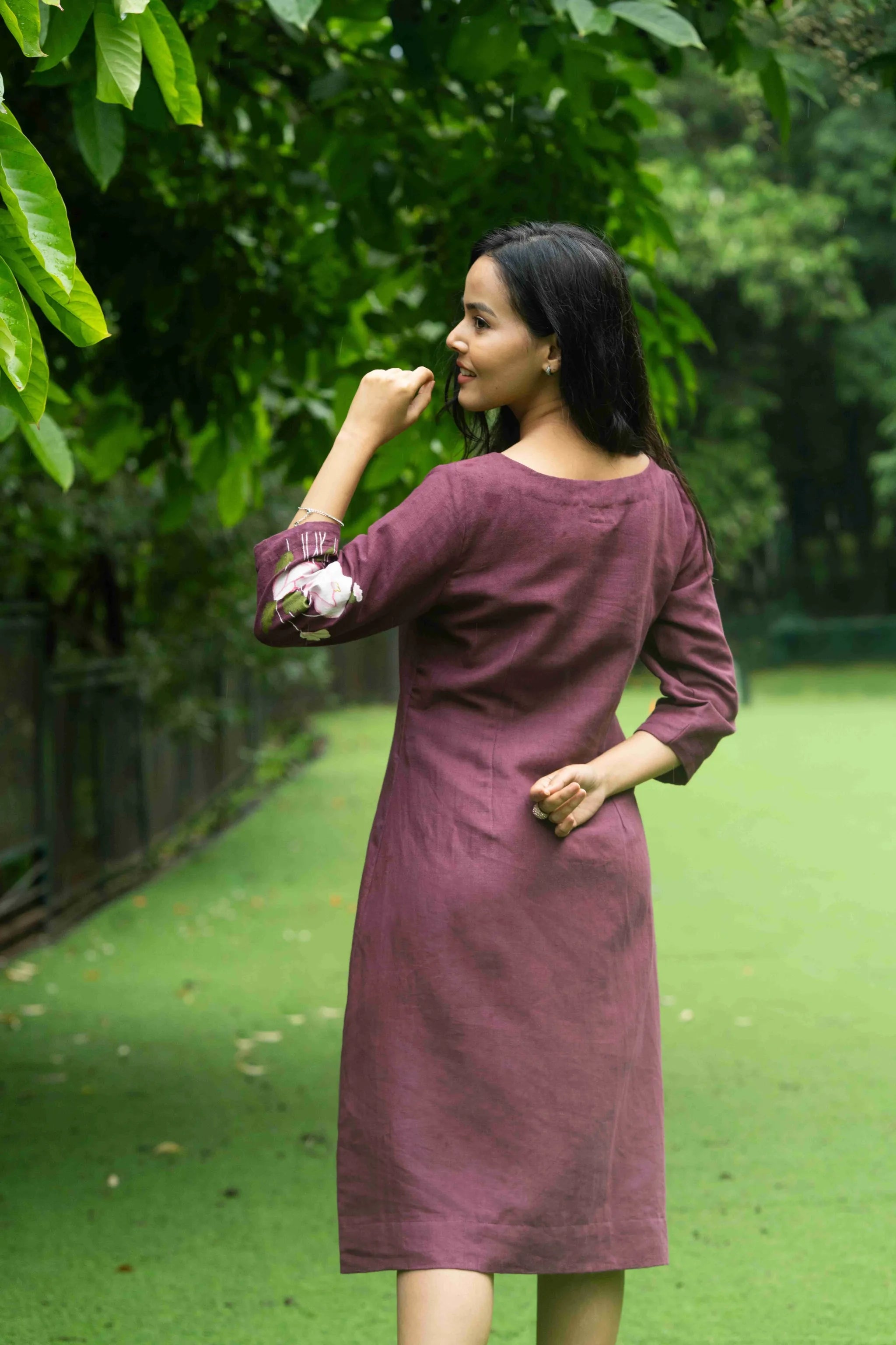 Bhumi — Deep Wine Kala Cotton Dress with Flower Painting