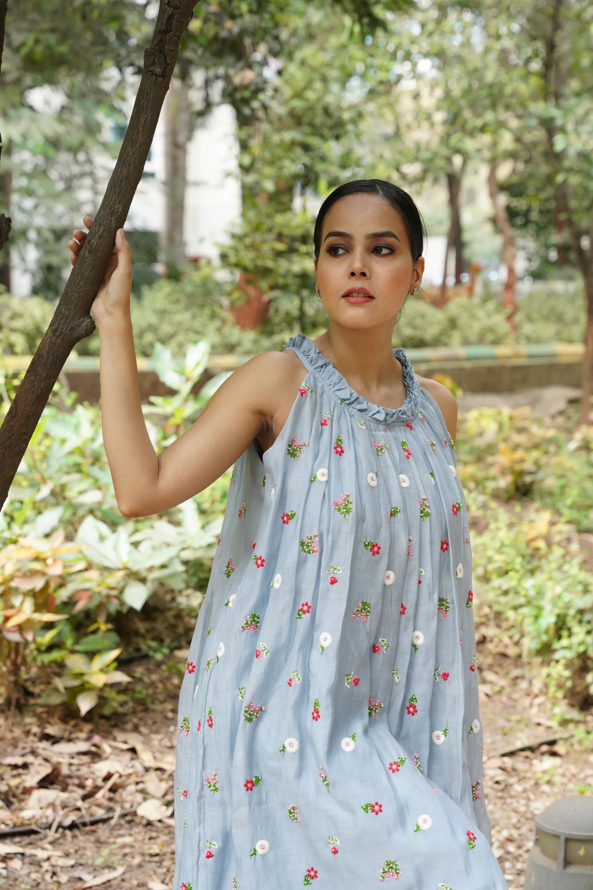 Avani — Powder Blue Mul Chanderi Incut Flared Embroidered Dress