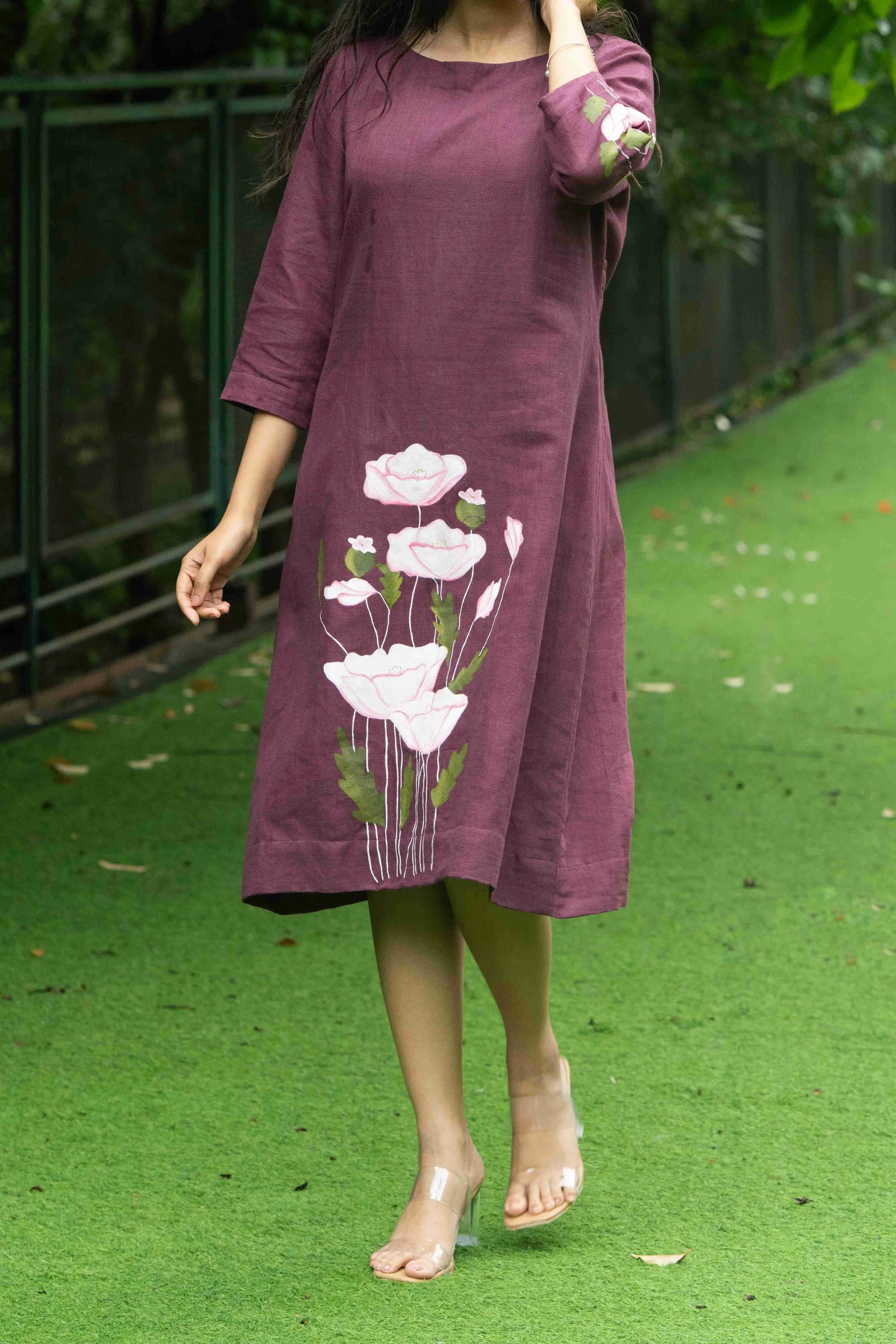 Bhumi — Deep Wine Kala Cotton Dress with Flower Painting