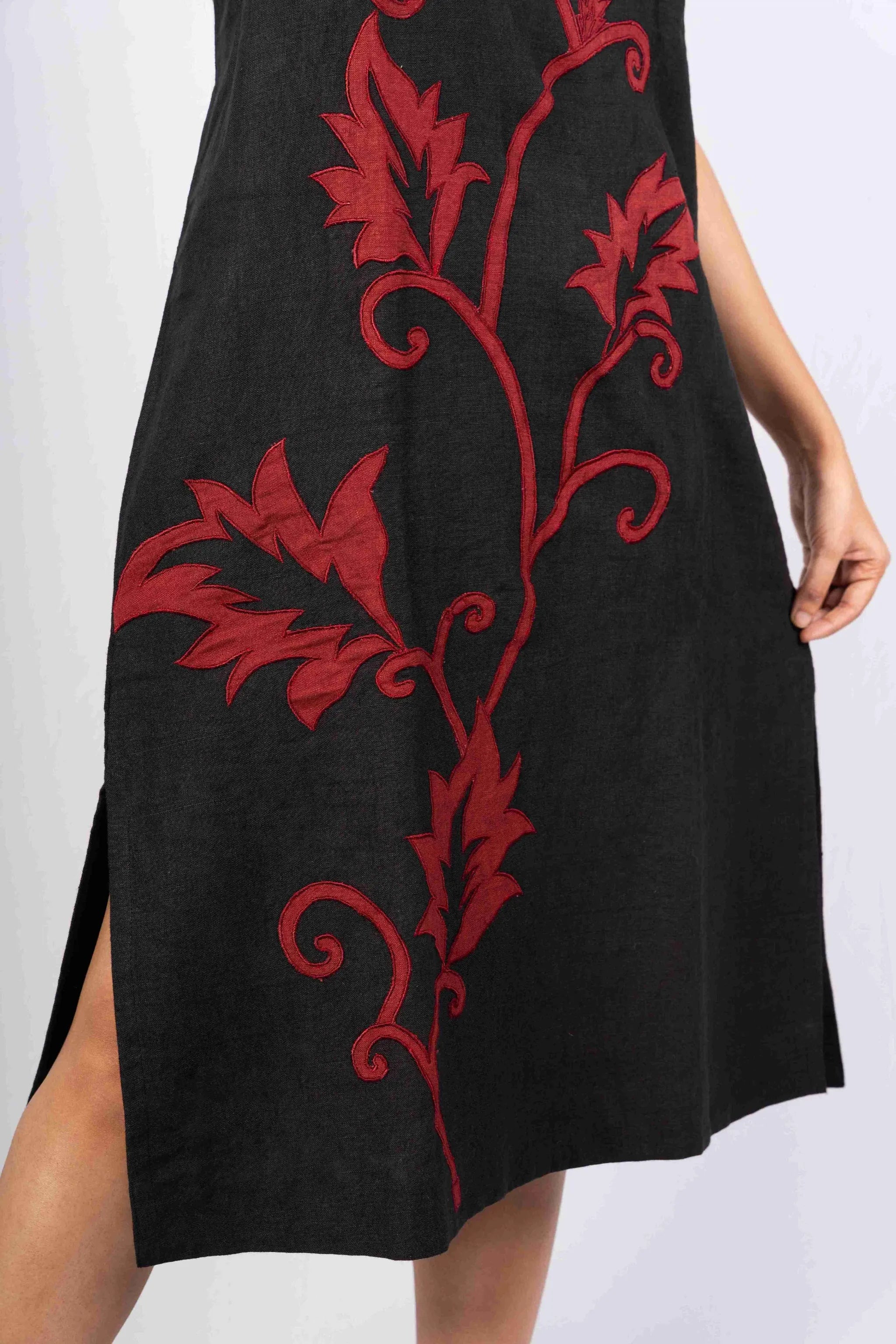 Antra — Black Handloom Linen Cowl Neck Dress with Red Applique
