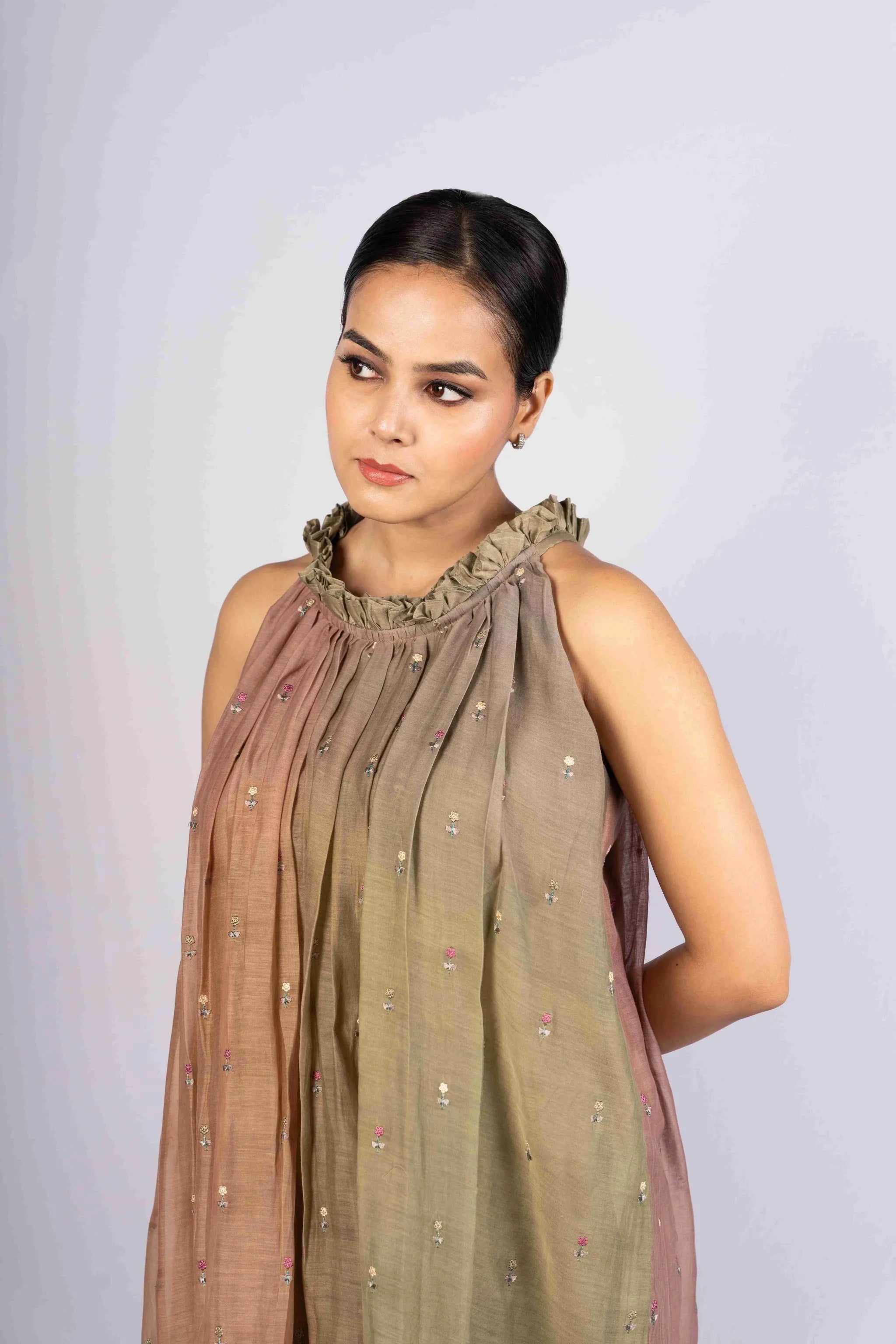 Fiza — Ombre Green-Brown Mul Chanderi Embroidered Flared Dress