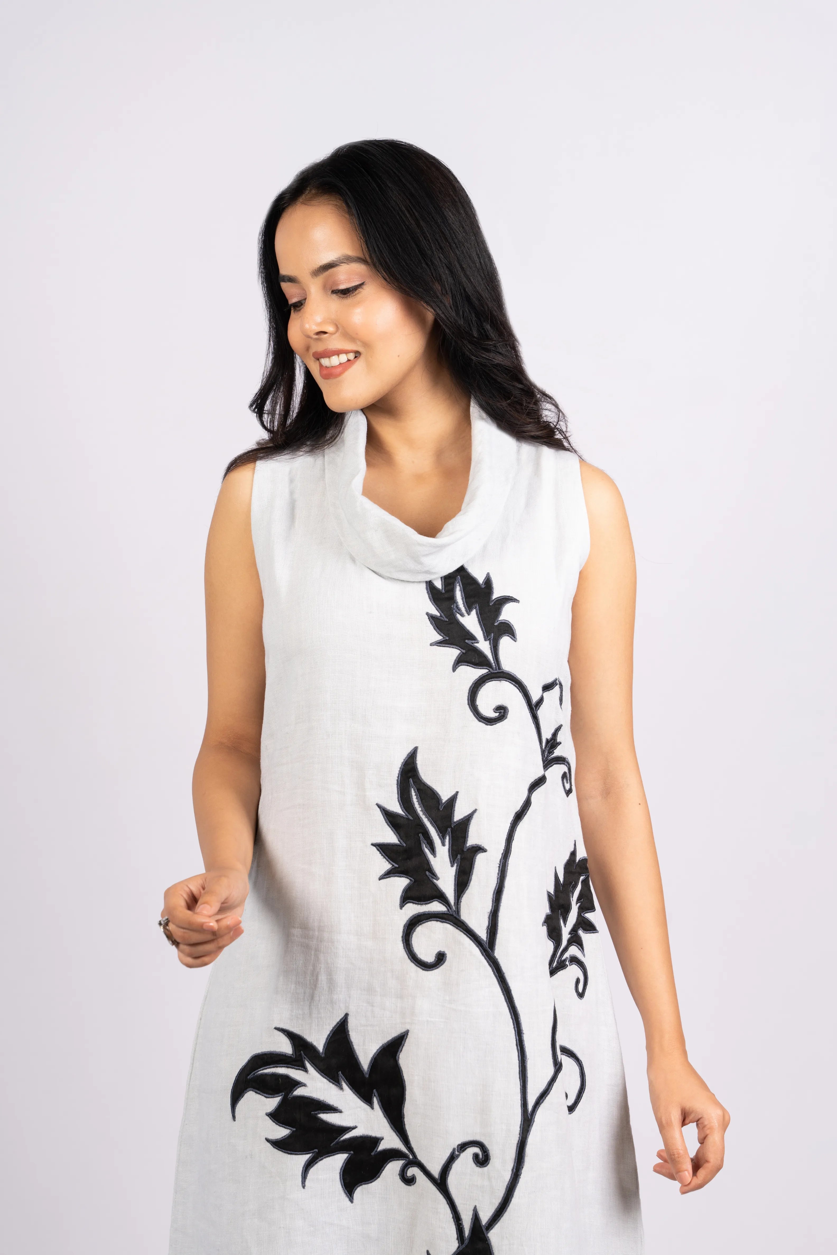 Abhaa — Ash Grey Pure Linen Cowl Neck Dress with Applique