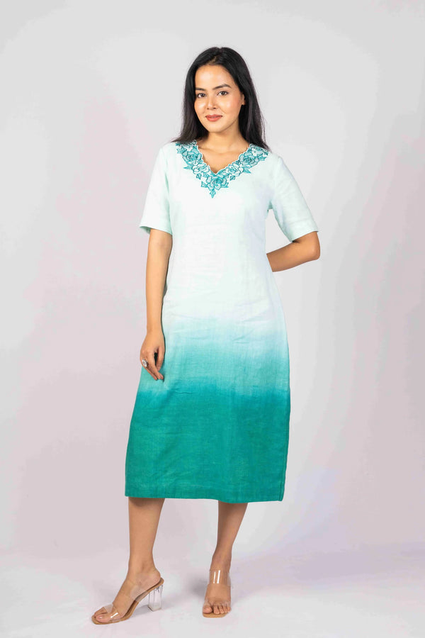 Neerja — Teal Ombre Tencel Linen Embroidered Dress