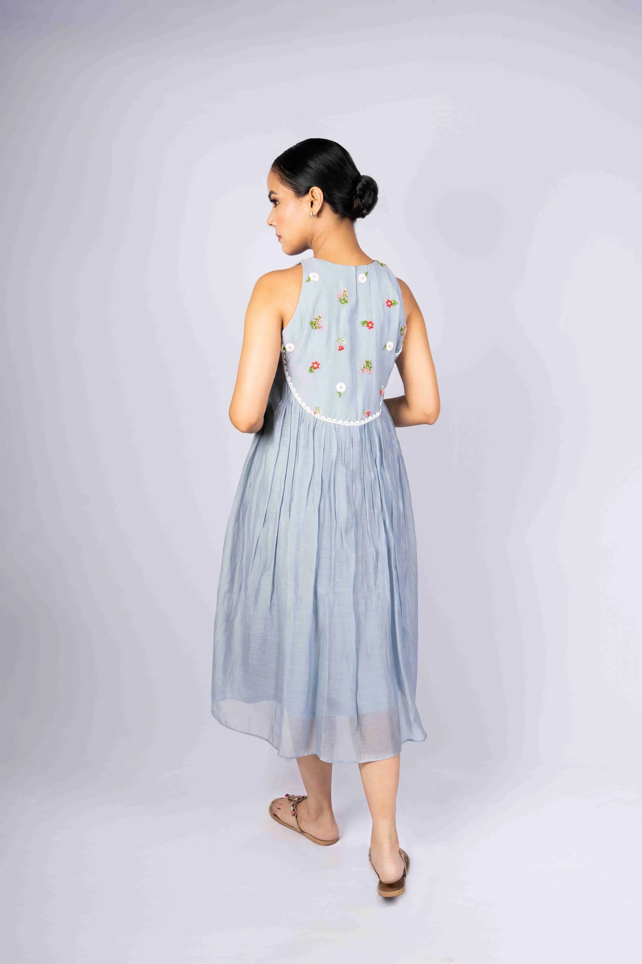 Megh — Soft Powder Blue Mul Chanderi Dress with Embroidered Yoke