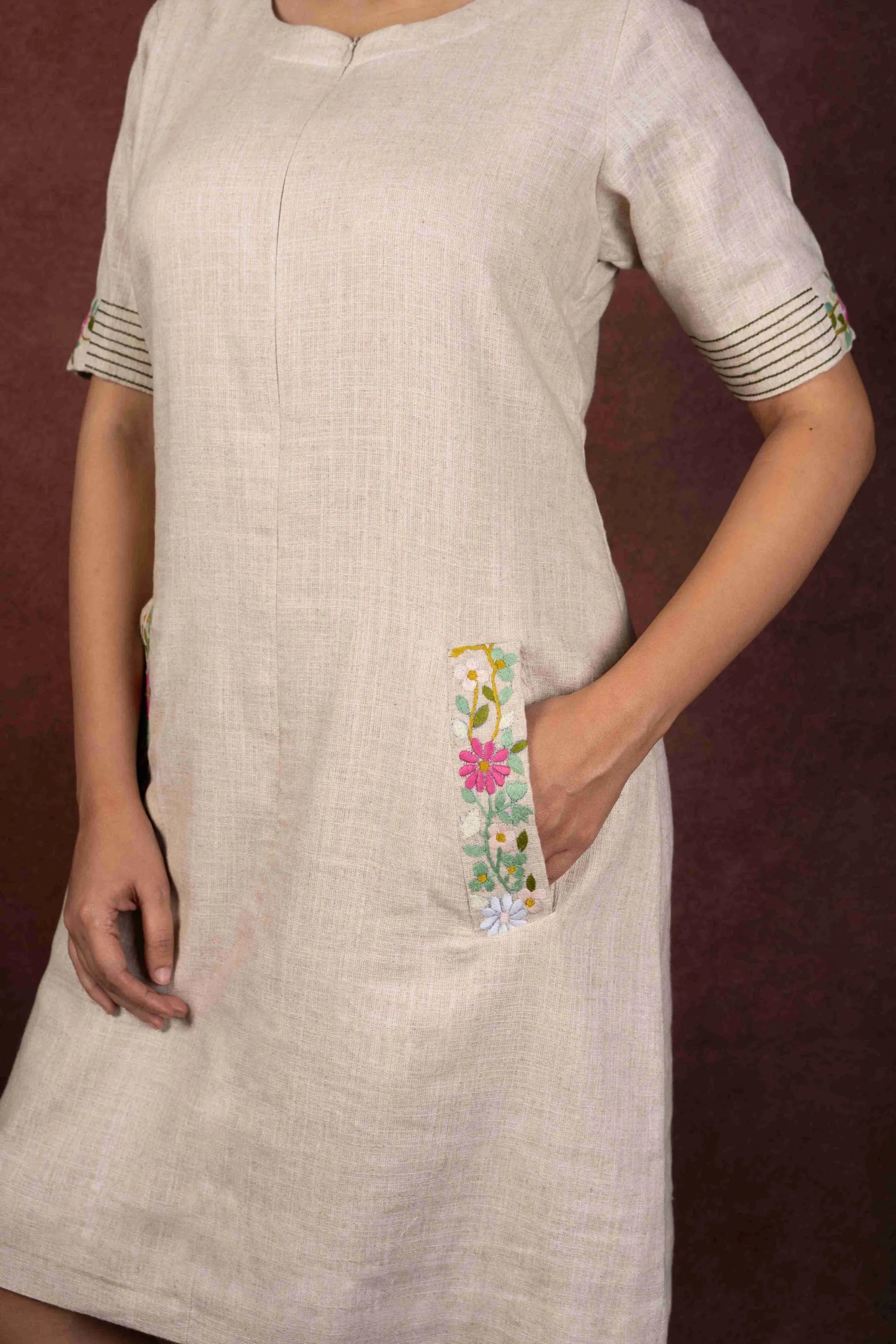 Aaranya — Natural Beige Jute Cotton Dress with Embroidery