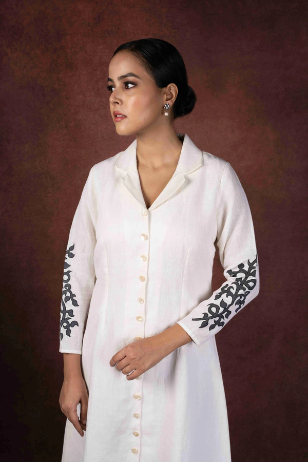 Dhara — Soft Ivory Handloom Linen Dress with Hand Painted Sleeves 2