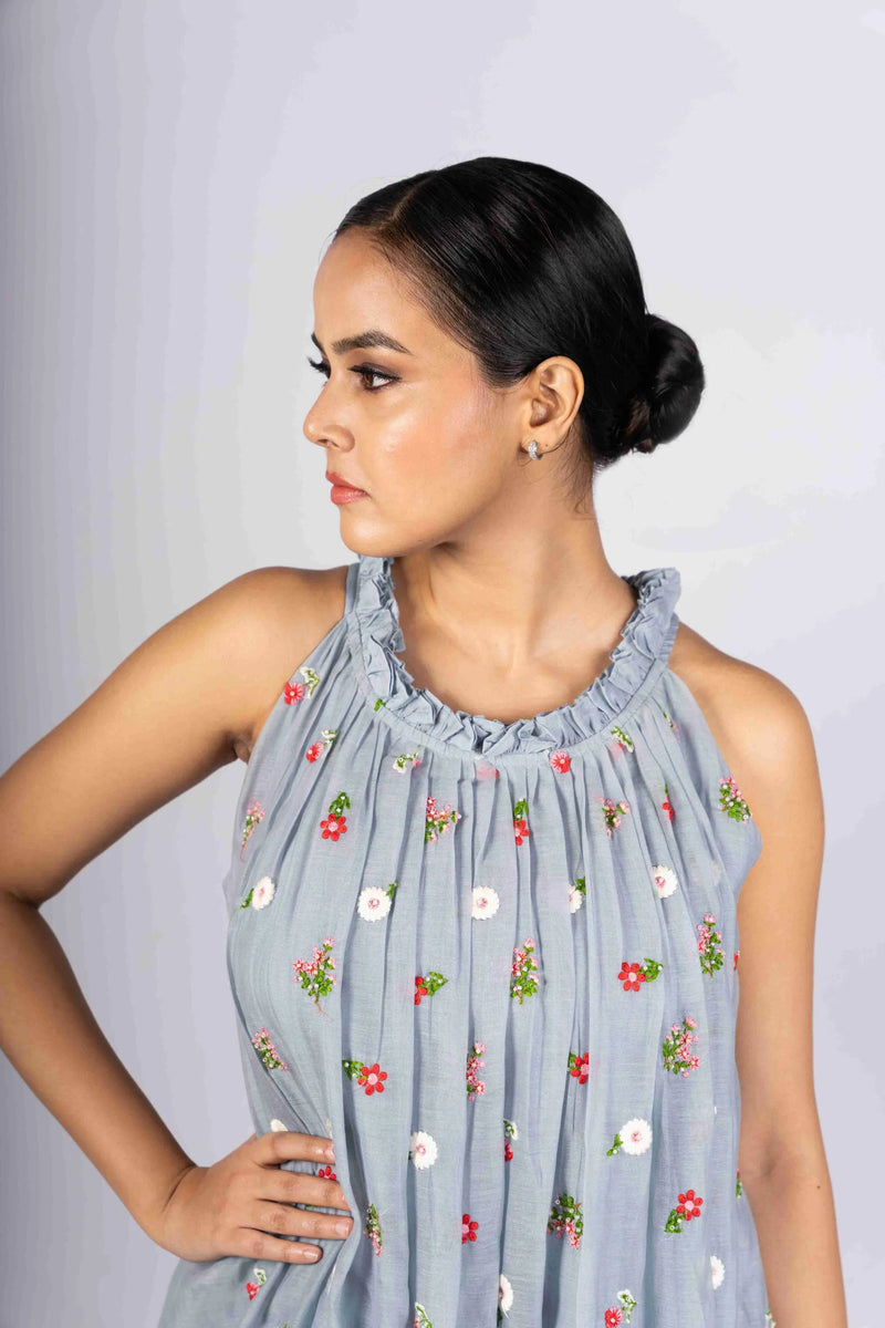 Avani — Powder Blue Mul Chanderi Incut Flared Embroidered Dress