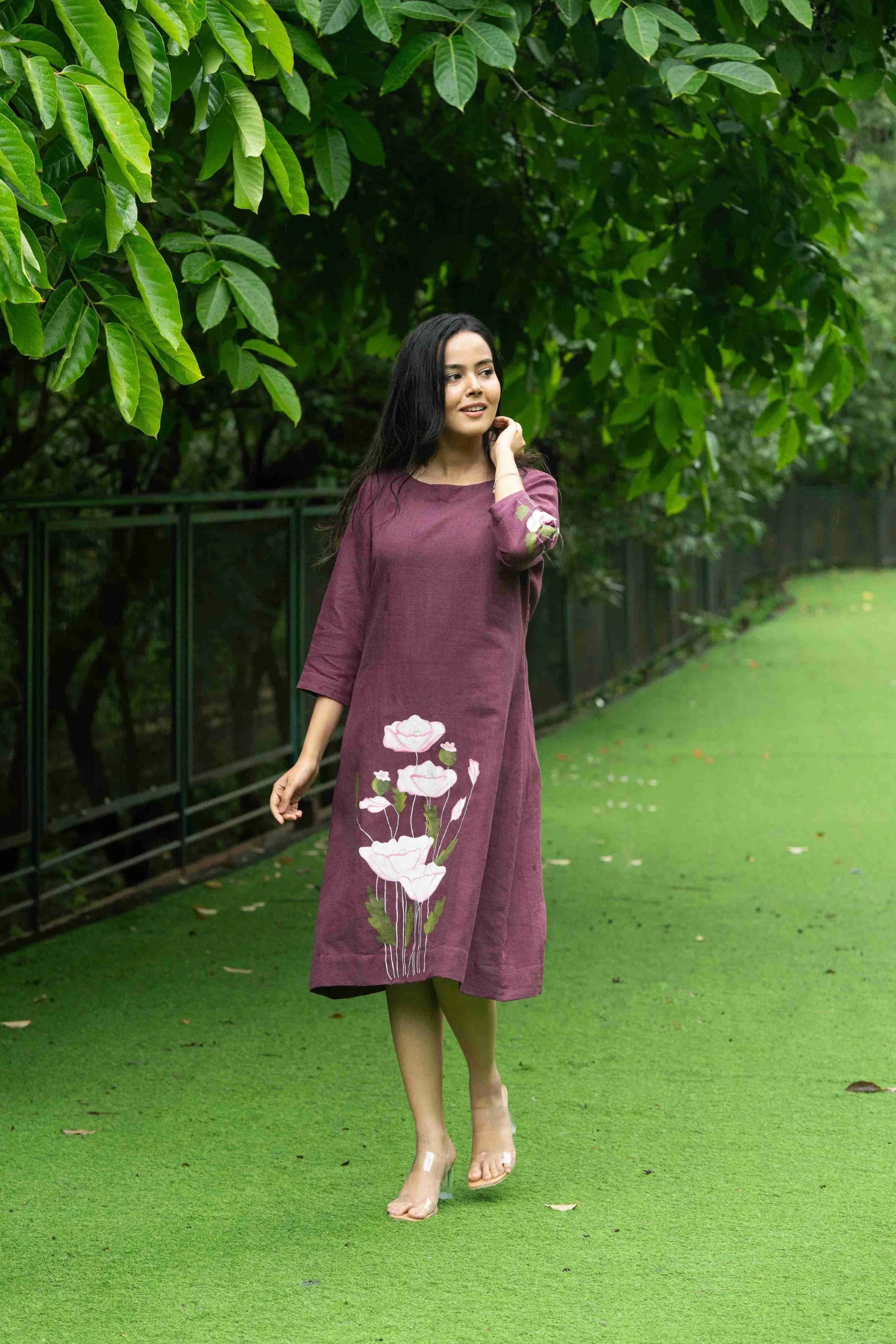 Bhumi — Deep Wine Kala Cotton Dress with Flower Painting